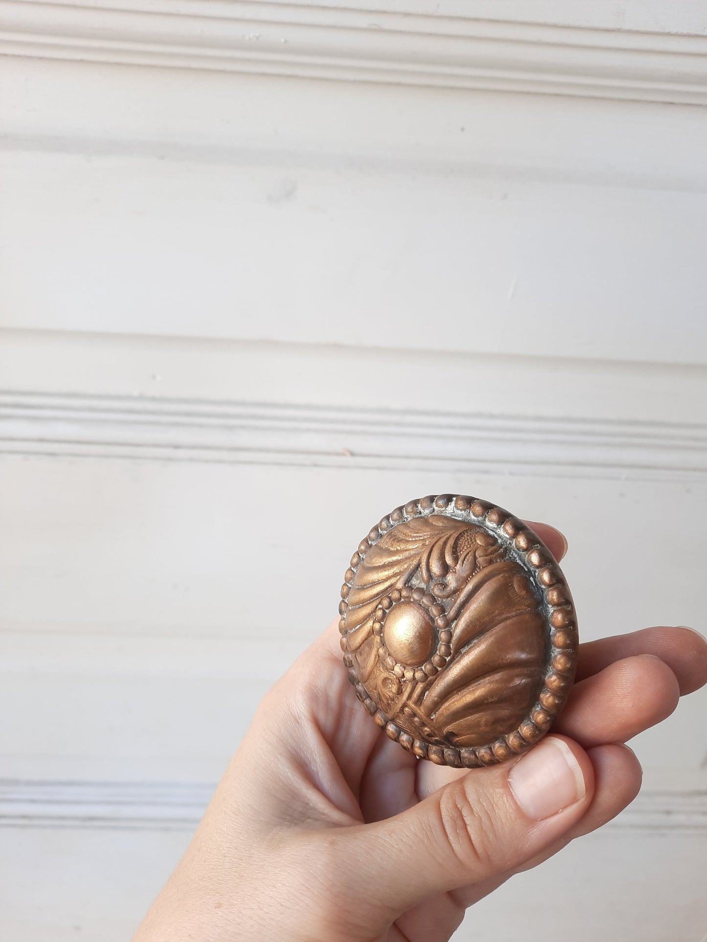 Roanoke Antique Brass Doorknob, Ornate Victorian Stamped Bronze Door Knob