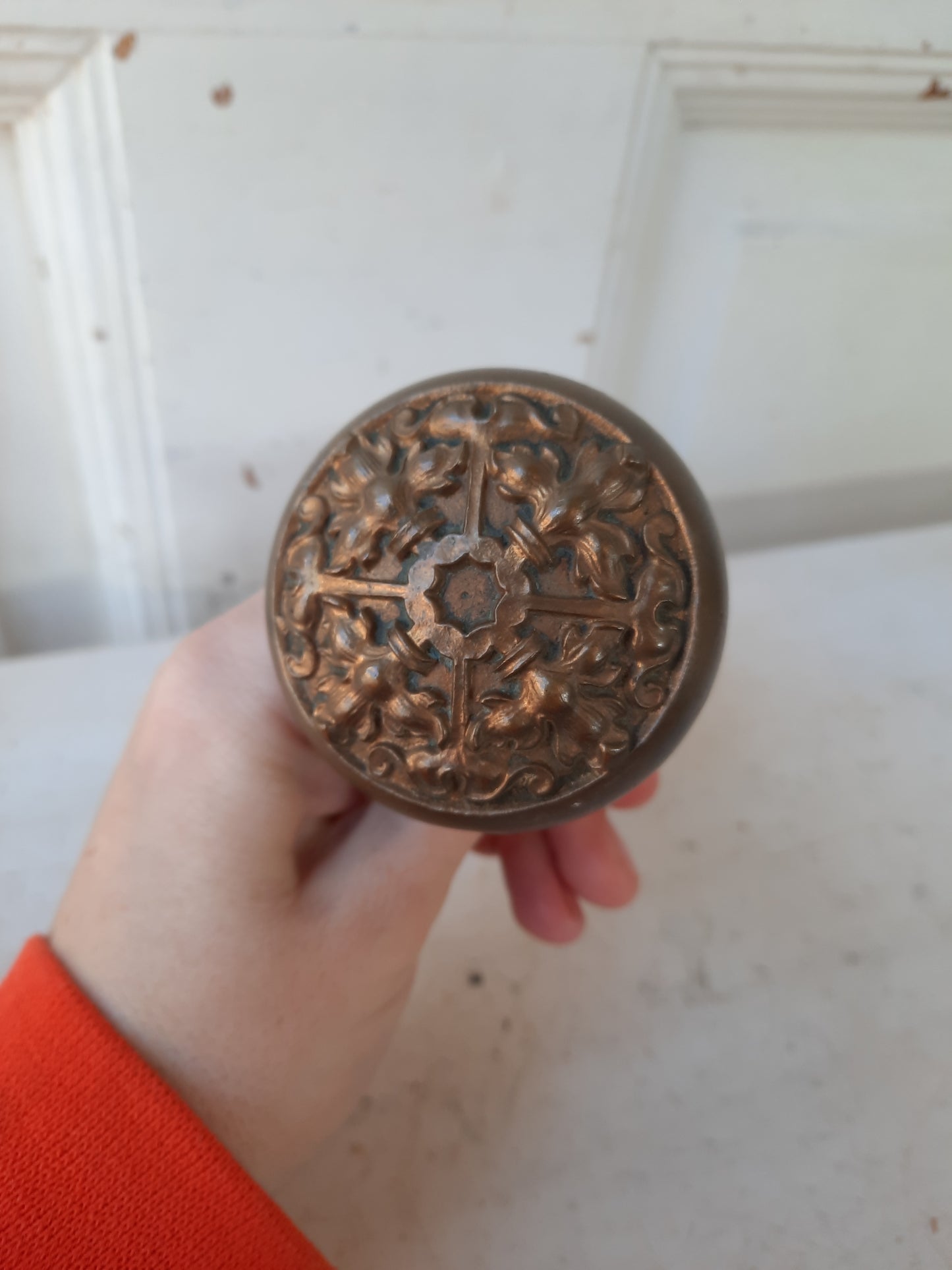 Ornate Cast Bronze Doorknob Pair, Detailed Design Door Knobs H-475