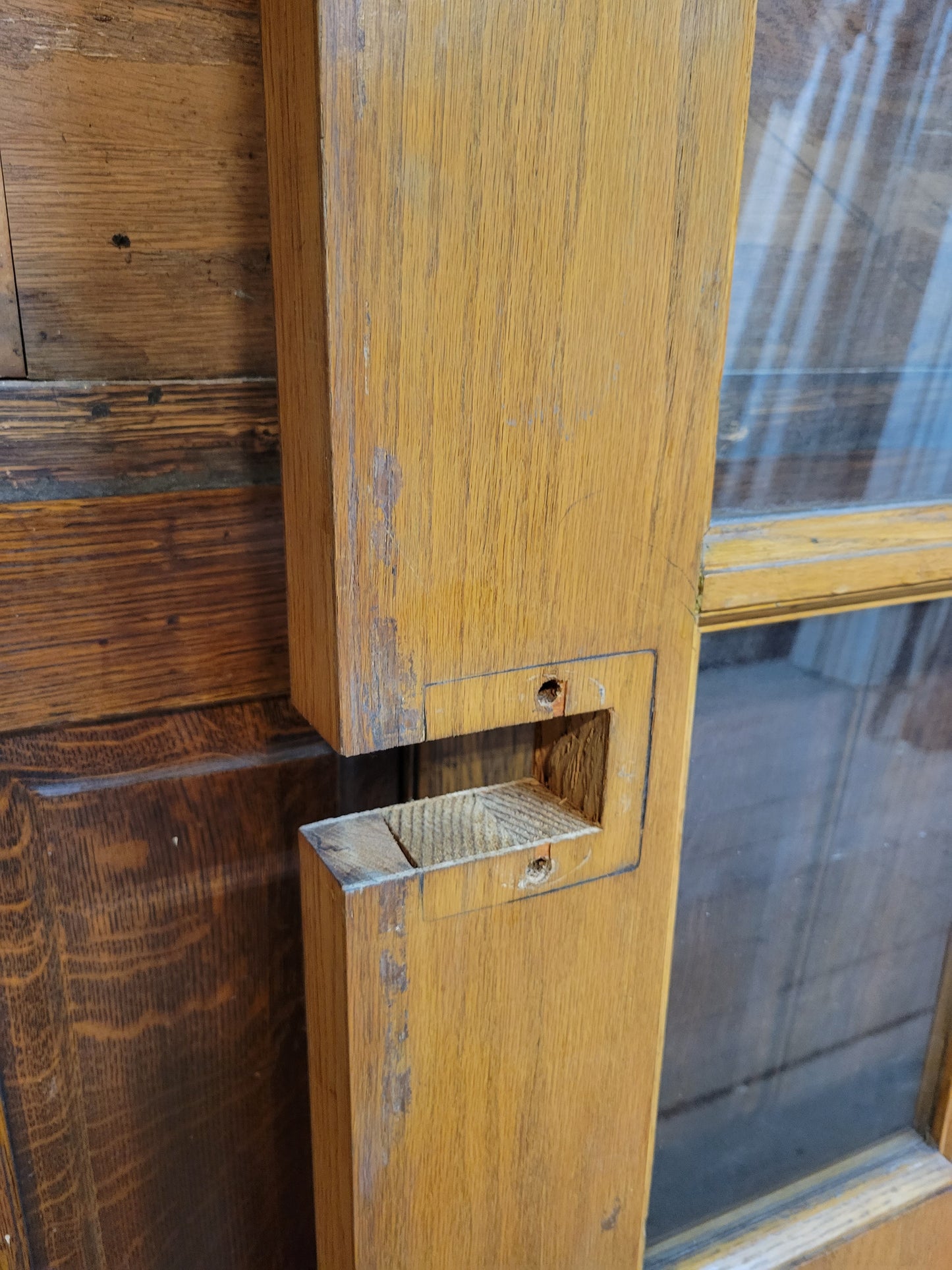 36" Wide Oak Veneer Door with Glass, Vintage Glass and Wood Door #2