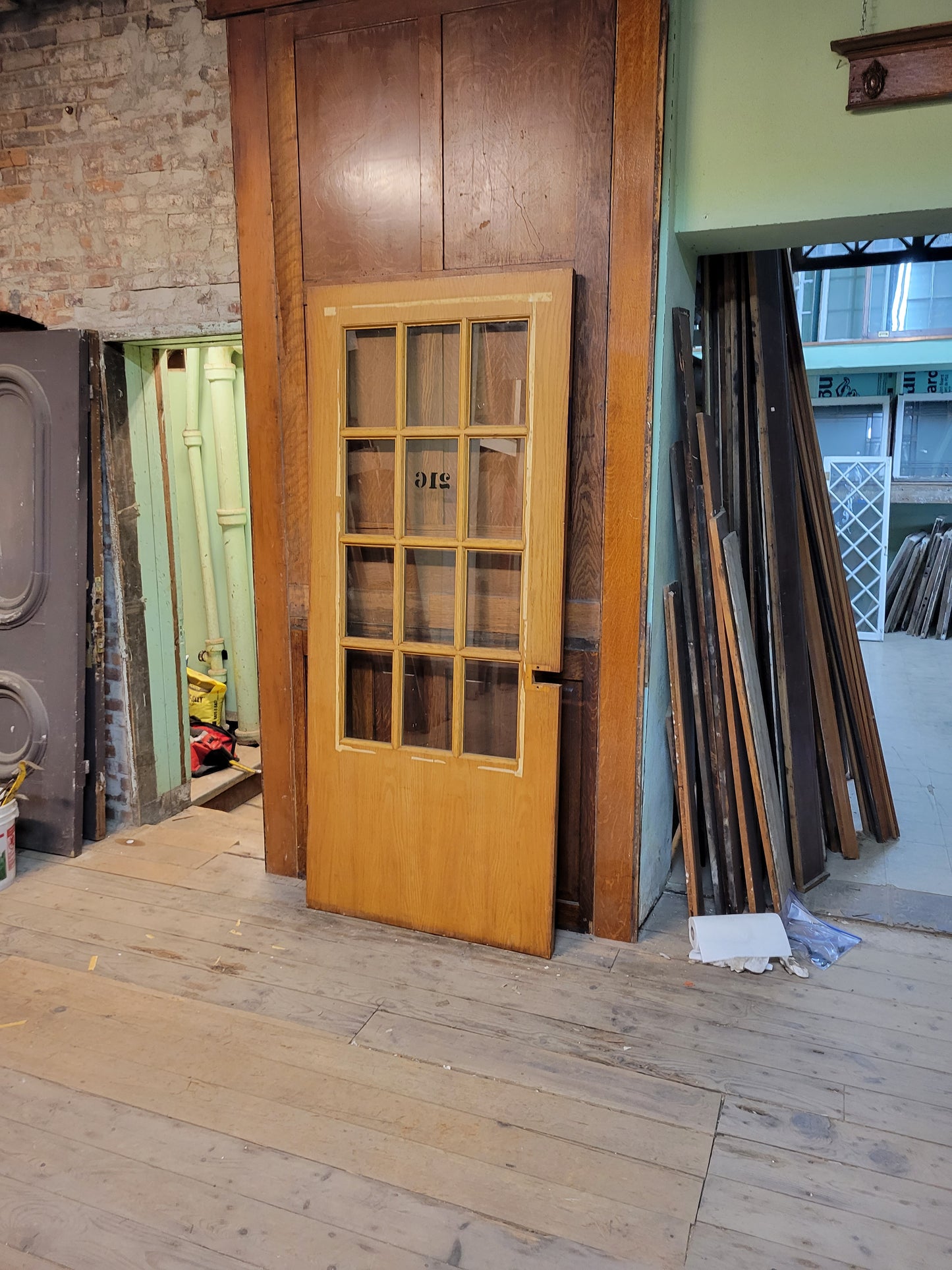 36" Wide Oak Veneer Door with Glass, Vintage Glass and Wood Door #2