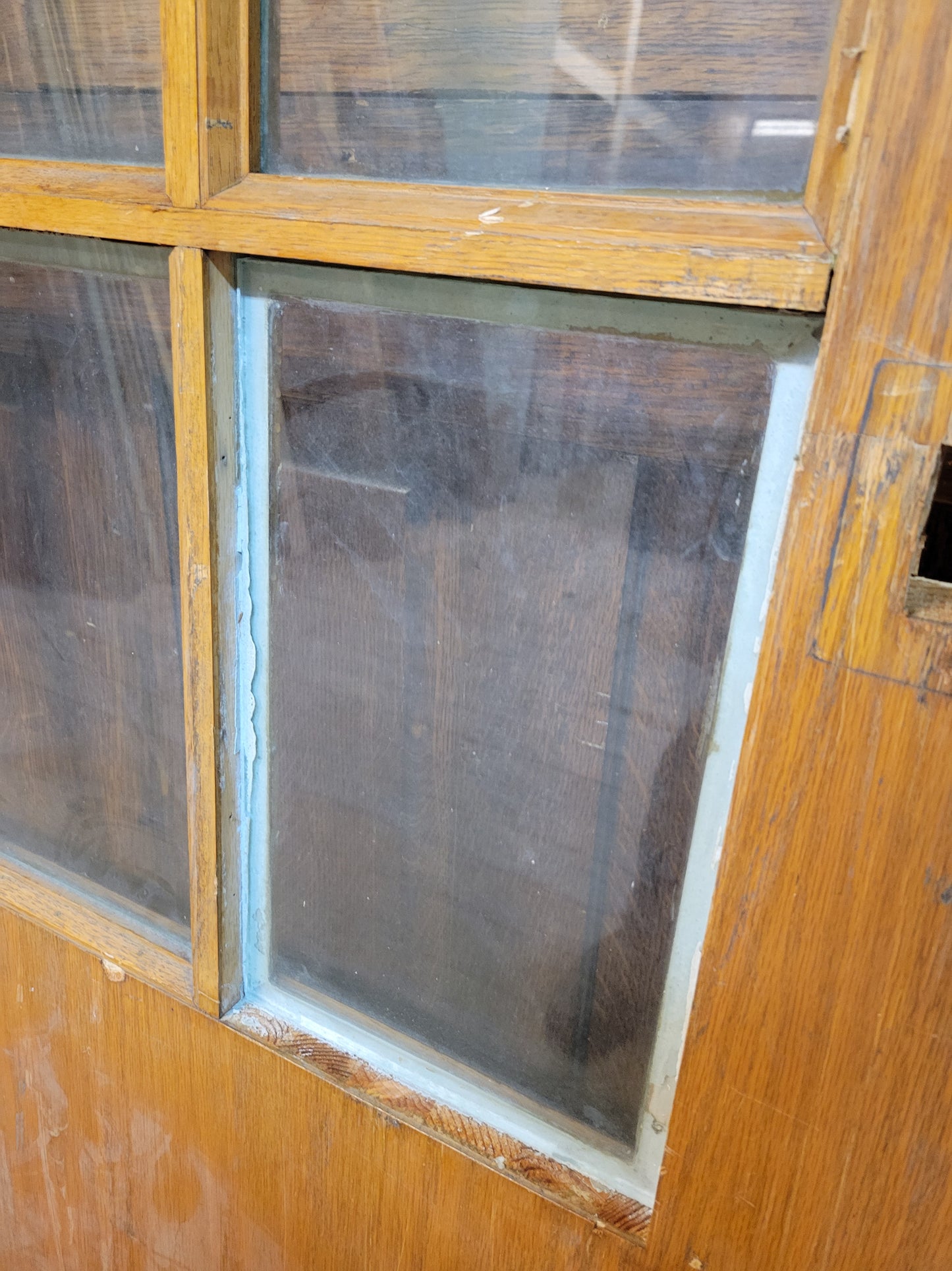 36" Wide Oak Veneer Door with Glass, Vintage Glass and Wood Door