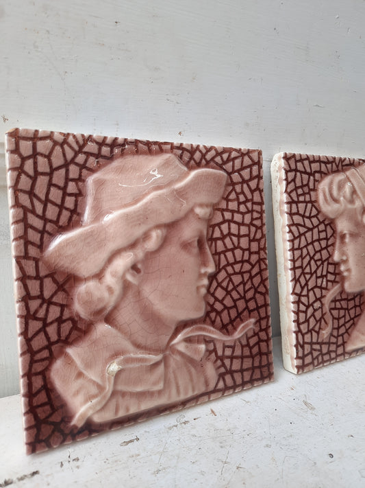 Antique Figural Fireplace Tiles, Man and Woman Faces Majolica Tiles
