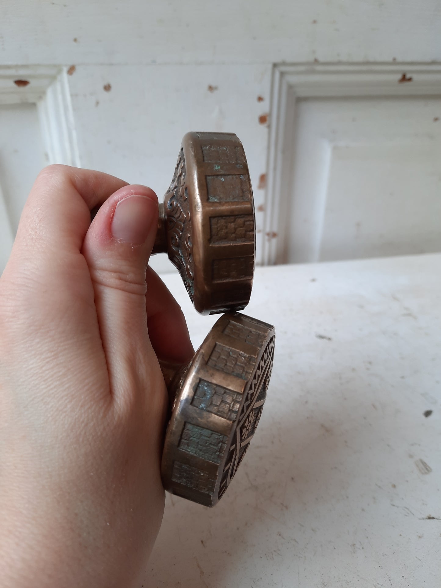 Pair of Ornate Drum Style Bronze Doorknobs, Eastlake Bronze Antique Door Knob Set