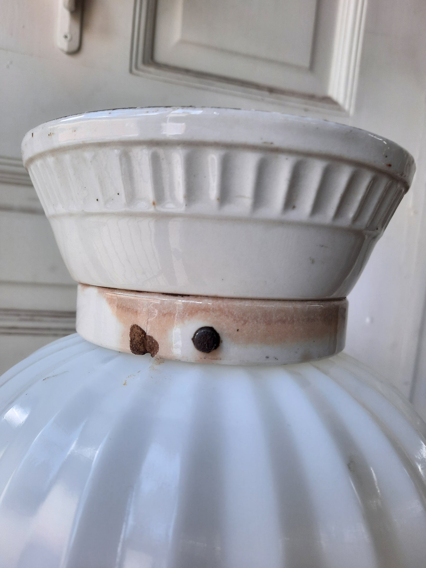 Retro Ceramic and Glass Painted Fruit Light, Kitschy Painted Porcelain and Glass Shade Light