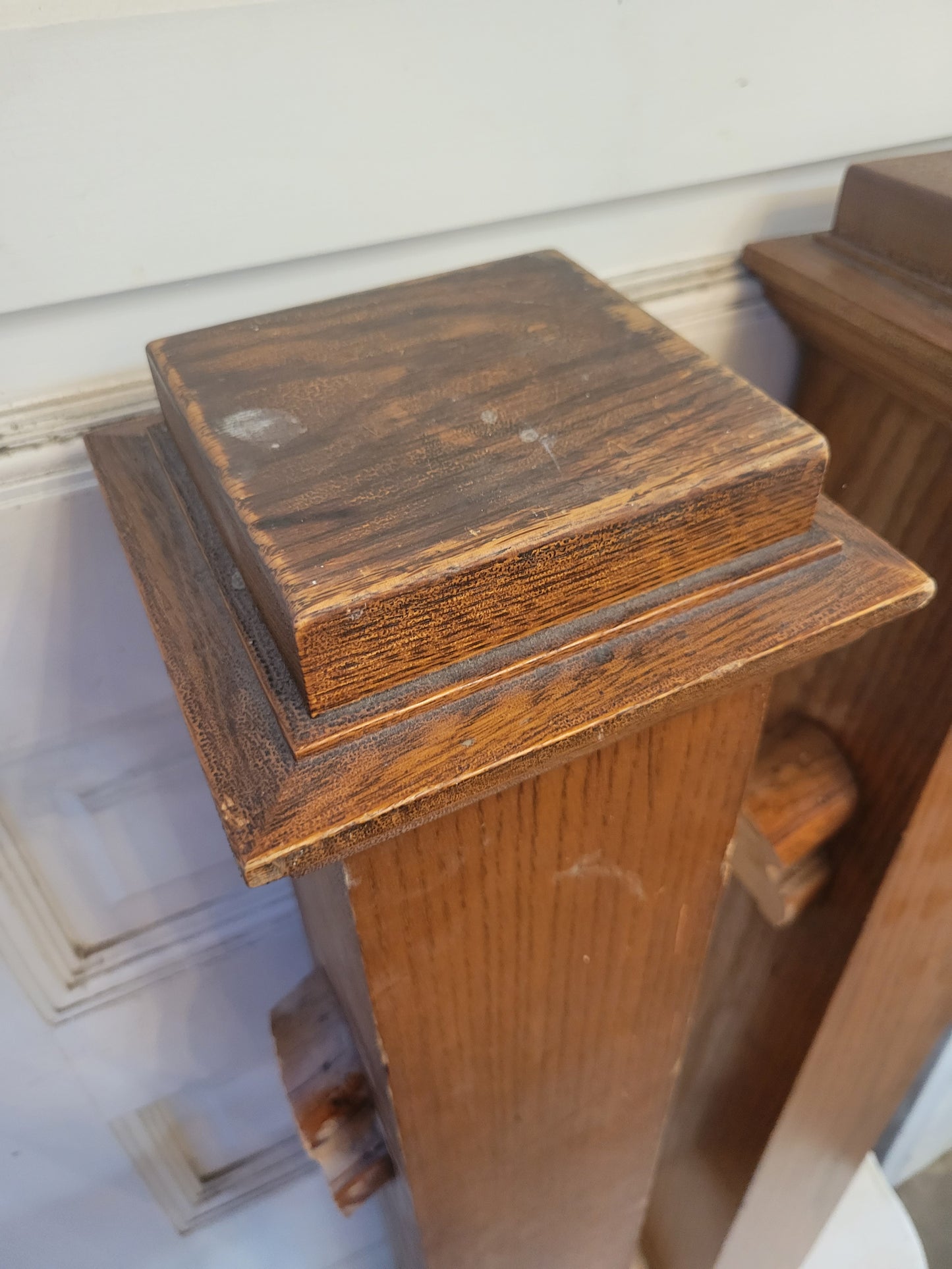 Pair of Antique Pine Newel Posts, Set of Matching Vintage Wood Staircase Newel Post