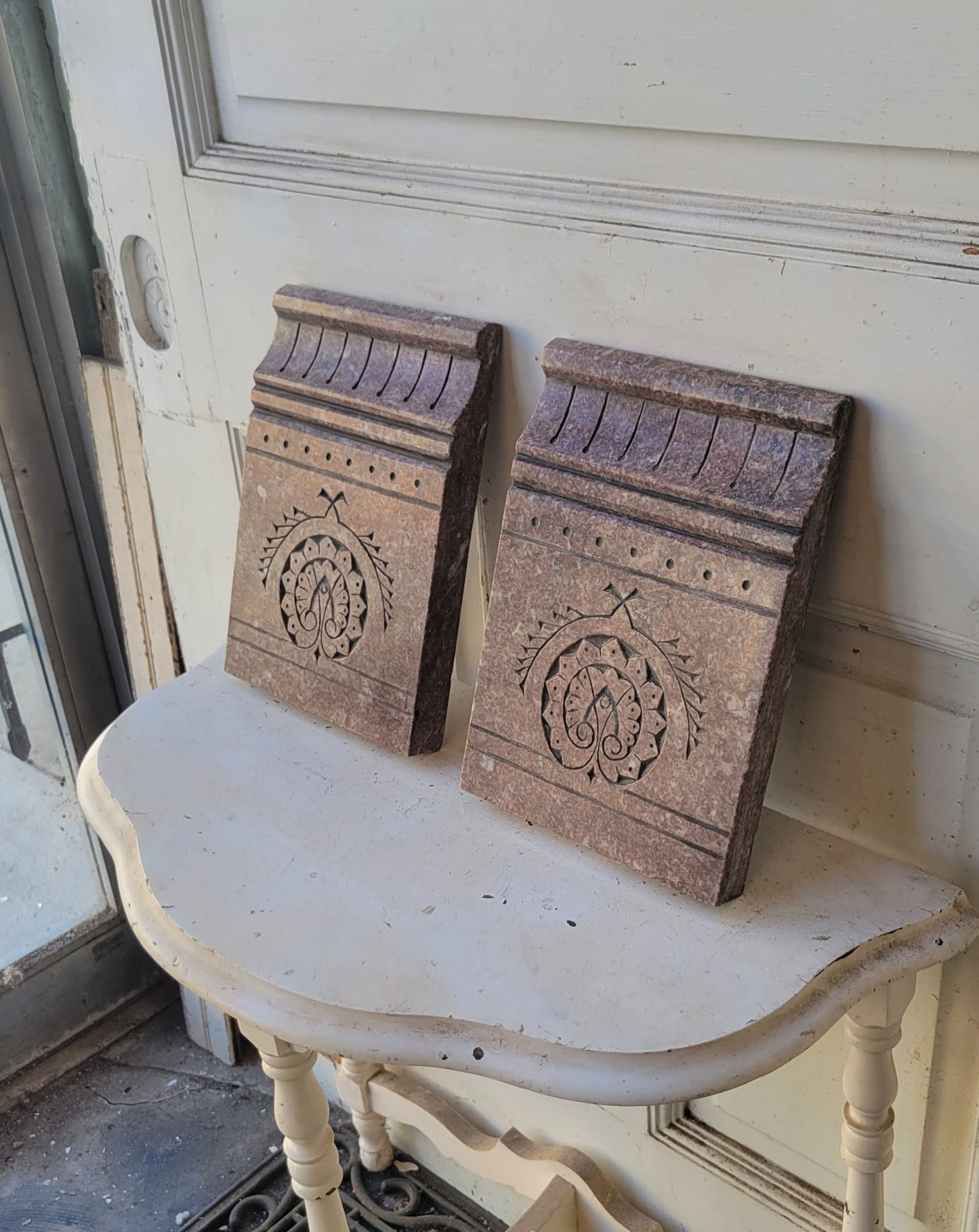 Pair of Etched Granite Plinth Blocks, Antique Eastlake Carved Marble or Granite Keystones