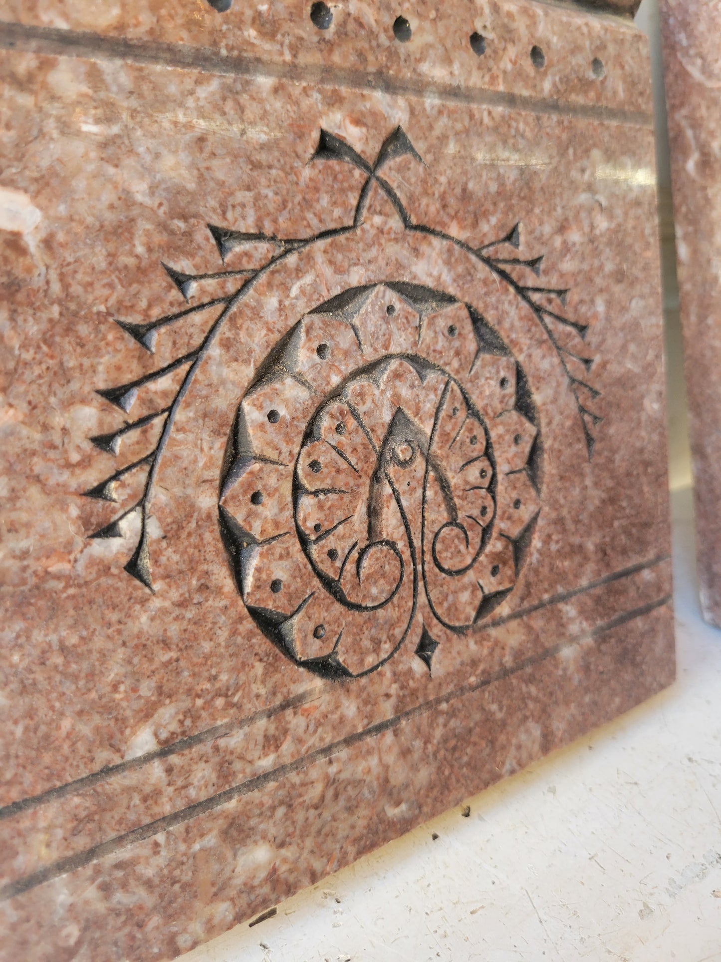 Pair of Etched Granite Plinth Blocks, Antique Eastlake Carved Marble or Granite Keystones