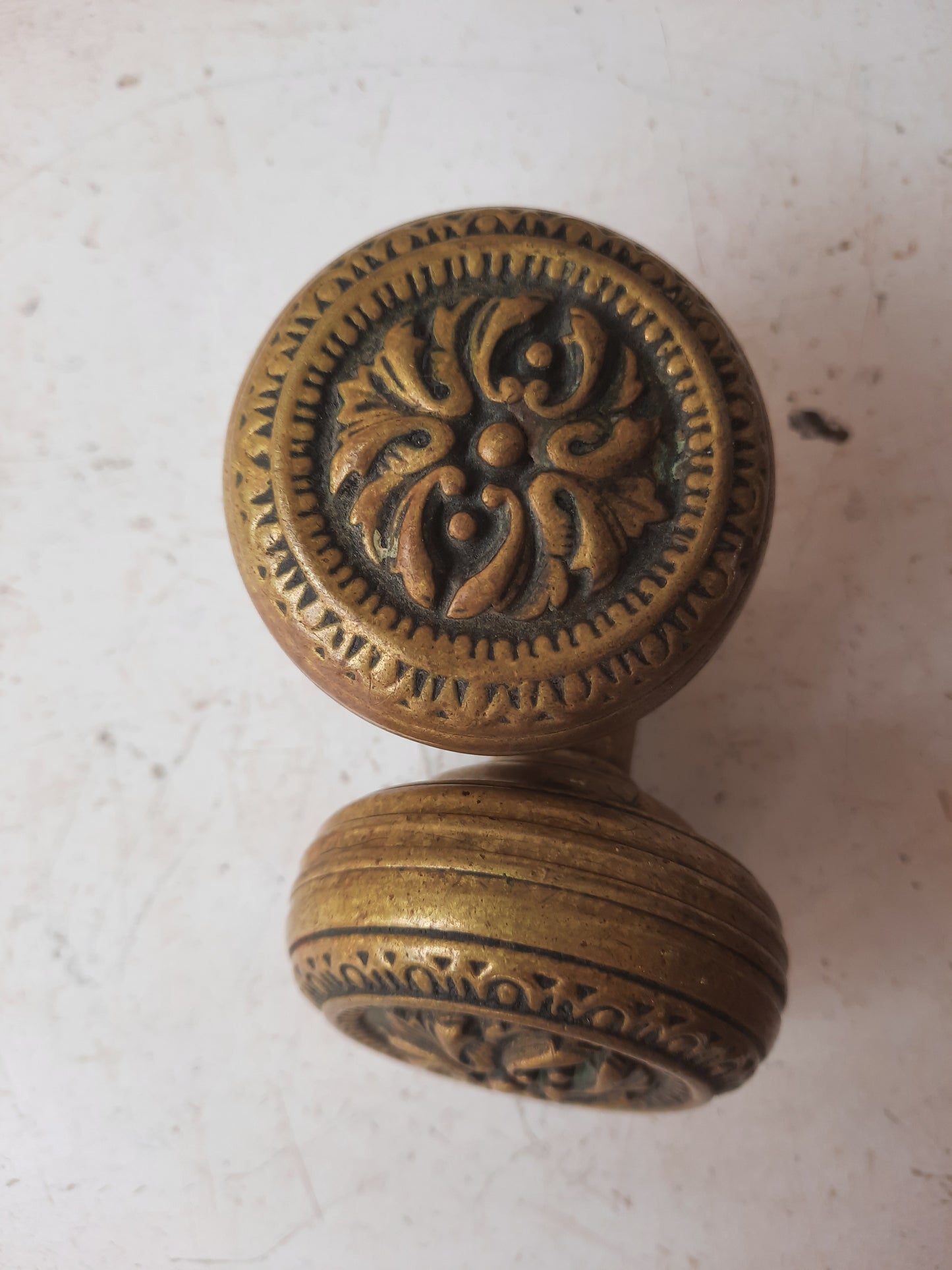Ornate Pair of Antique Brass Doorknobs, 1900s Brass or Bronze Door Knobs with Design F-208