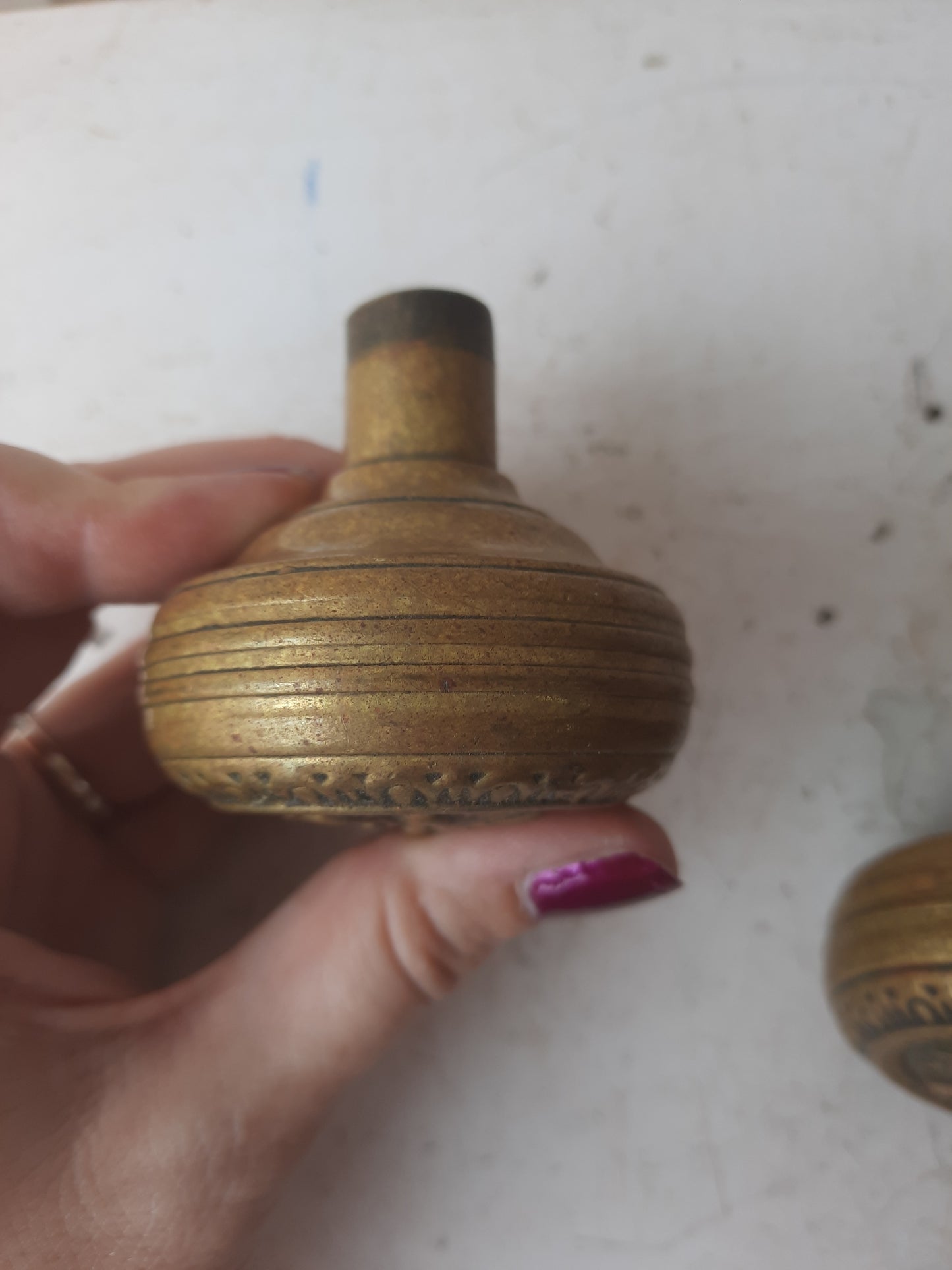 Ornate Pair of Antique Brass Doorknobs, 1900s Brass or Bronze Door Knobs with Design F-208