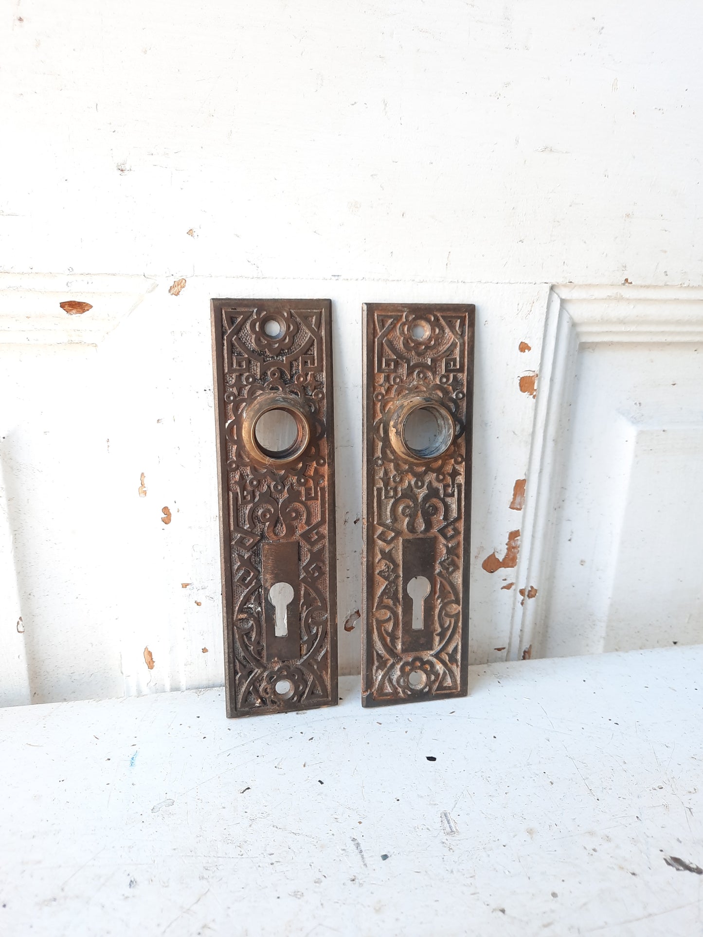 Pair of Antique Iron and Bronze Eastlake Backplates, Antique Doorknob Plates, Victorian Hardware