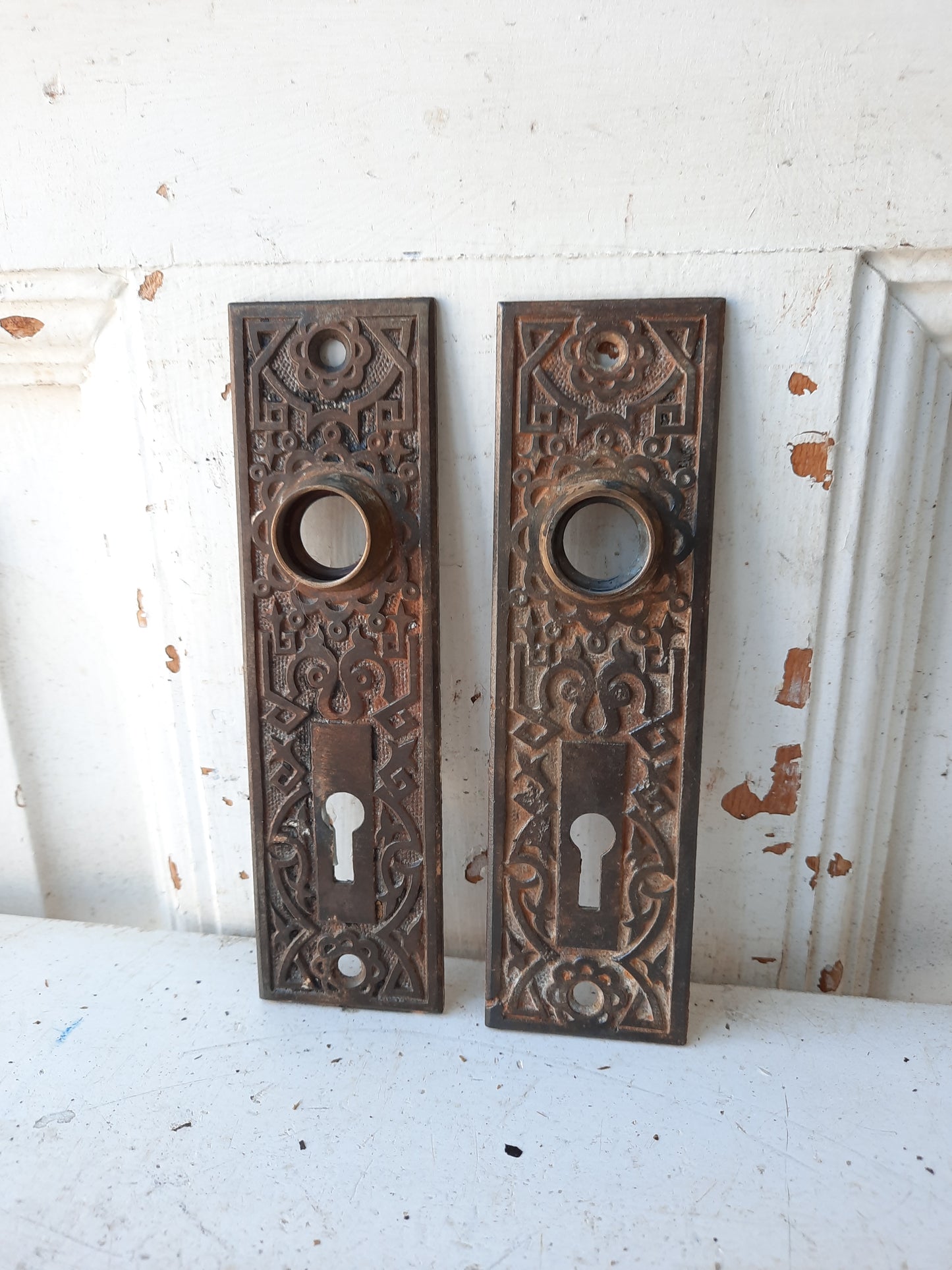 Pair of Antique Iron and Bronze Eastlake Backplates, Antique Doorknob Plates, Victorian Hardware