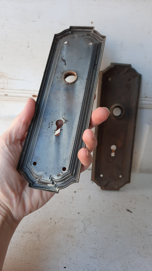 Pair of Craftsman Doorknob Backplates, Simple Stamped Door Knob Escutcheons Deco Design