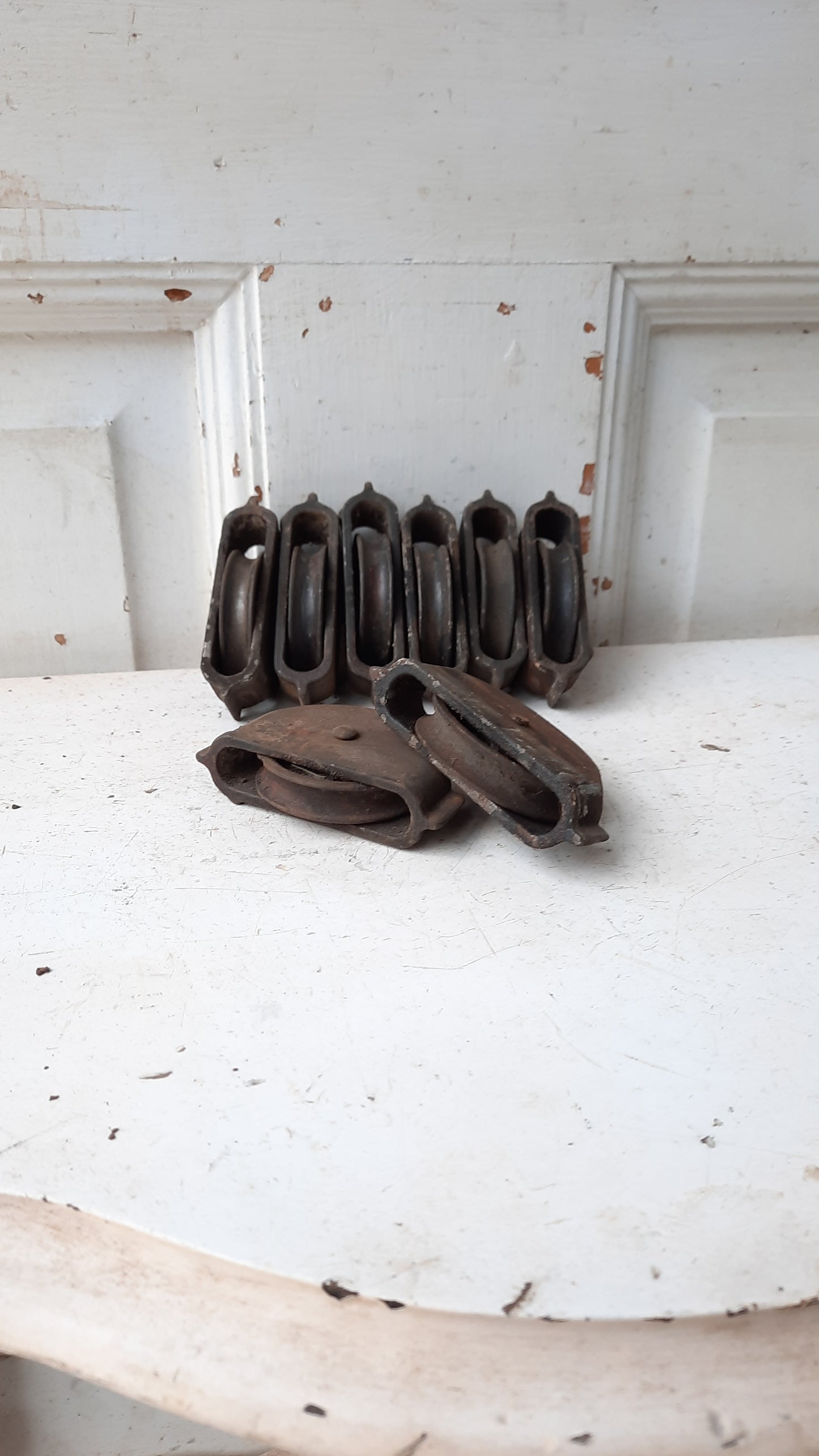 Set of Antique Iron Sash Pulleys, Wooden Window Pulley Wheels for Weights