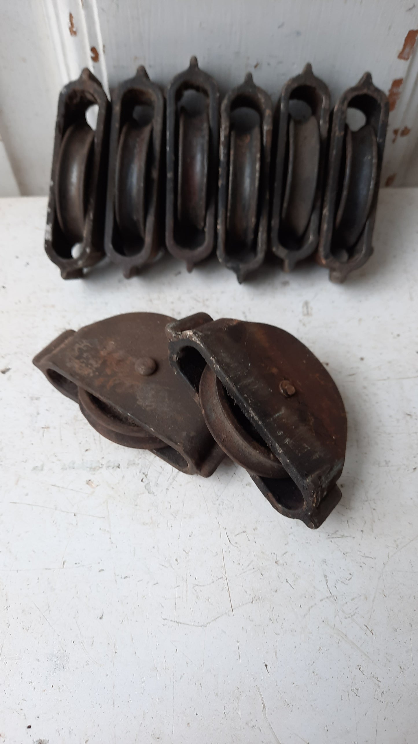 Set of Antique Iron Sash Pulleys, Wooden Window Pulley Wheels for Weights