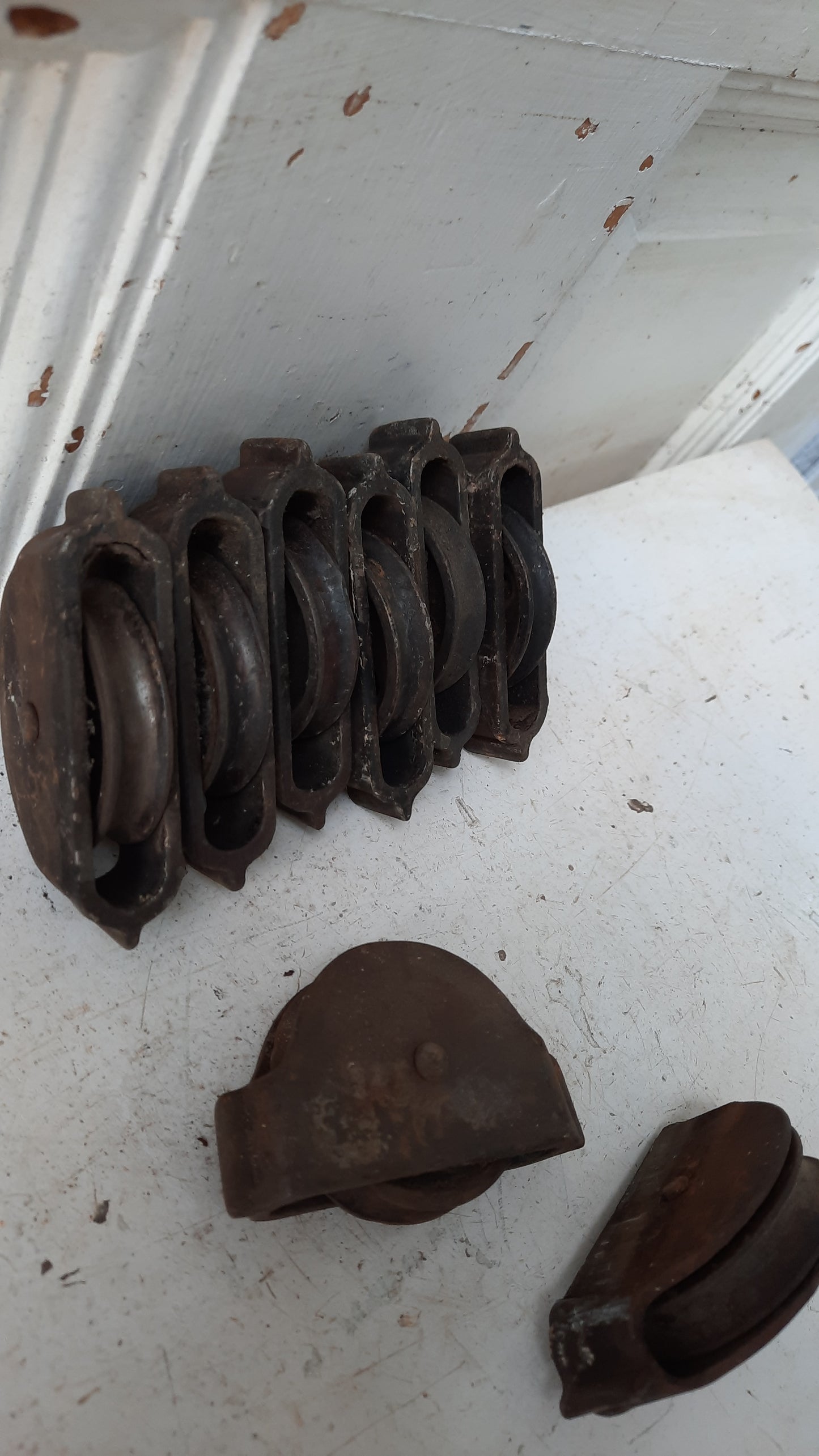 Set of Antique Iron Sash Pulleys, Wooden Window Pulley Wheels for Weights