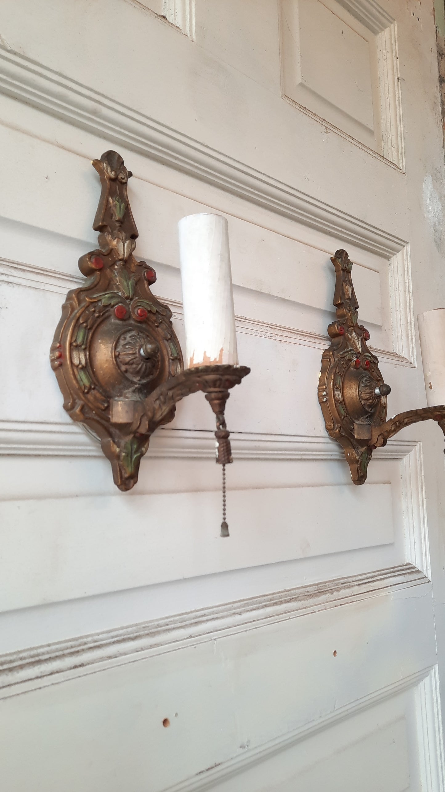 Pair of Polychrome Antique Wall Sconces, Antique Brass or Bronze Candle Wall Lights