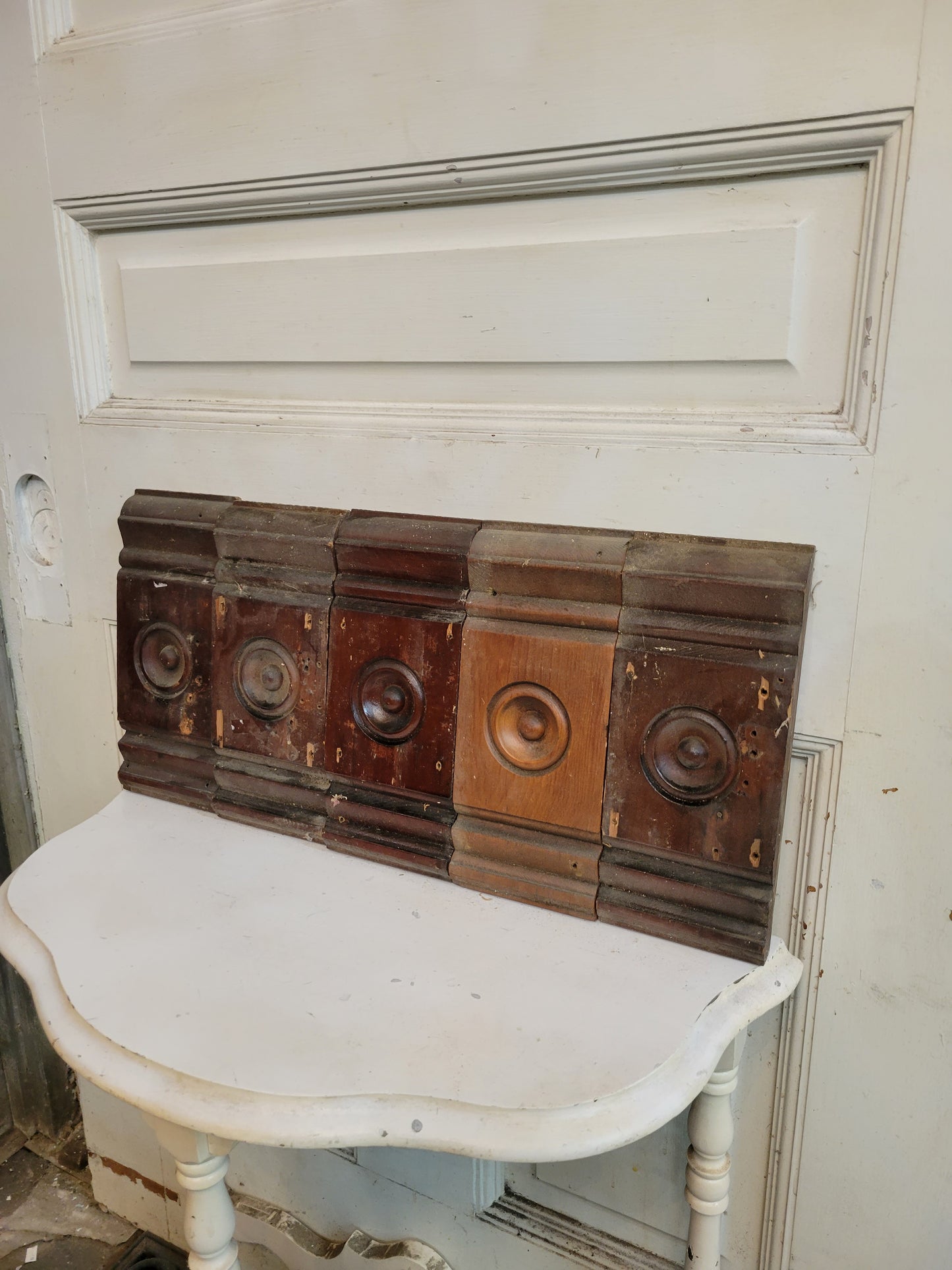 Set of 9 Matching Bullseye Rosette Trim Blocks, Antique Salvaged Plinth Blocks #121410
