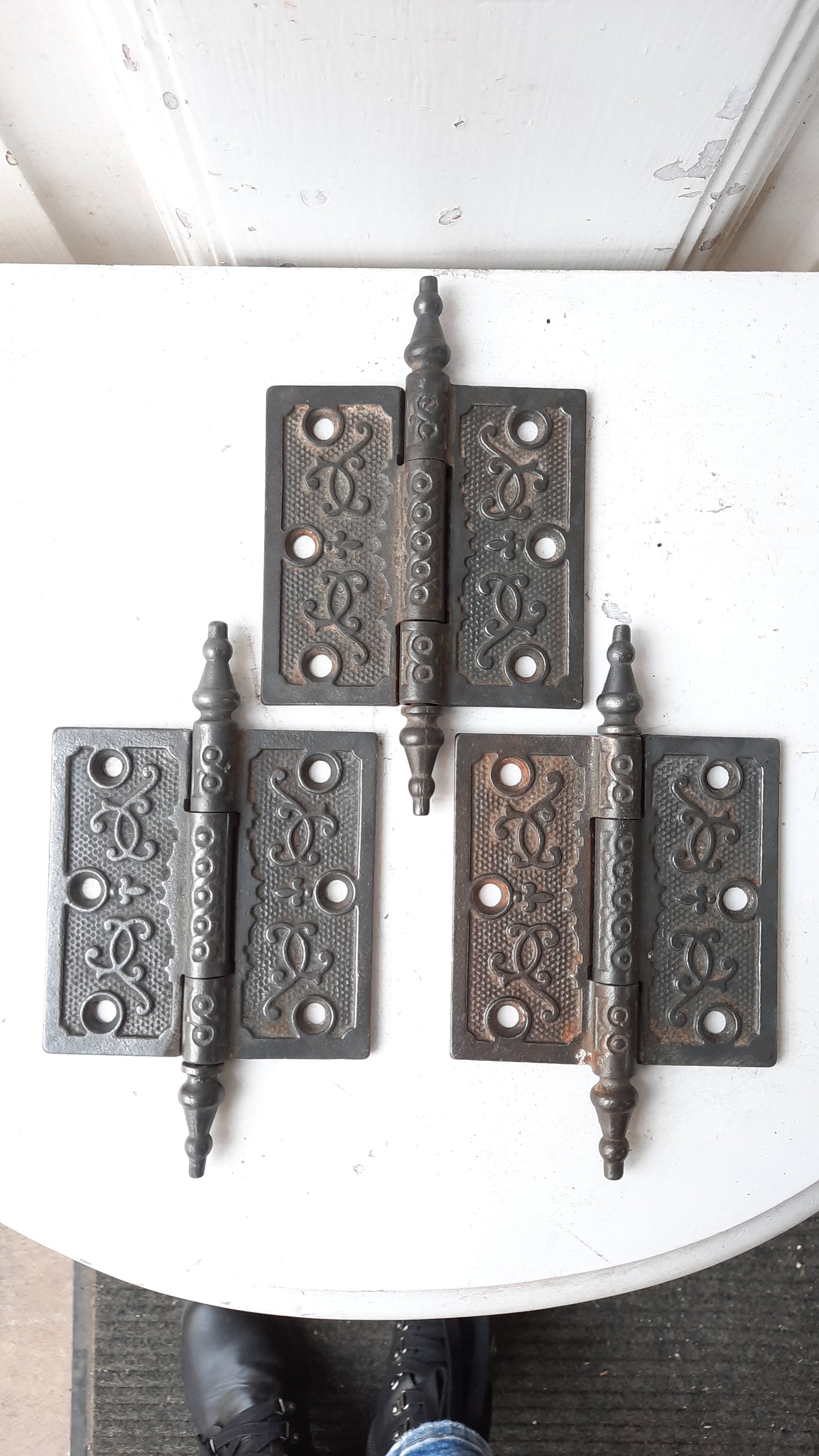 Set of Three 3 1/2" Steeple Tip Antique Hinges, Victorian Iron Ornate Pattern Door Hinges