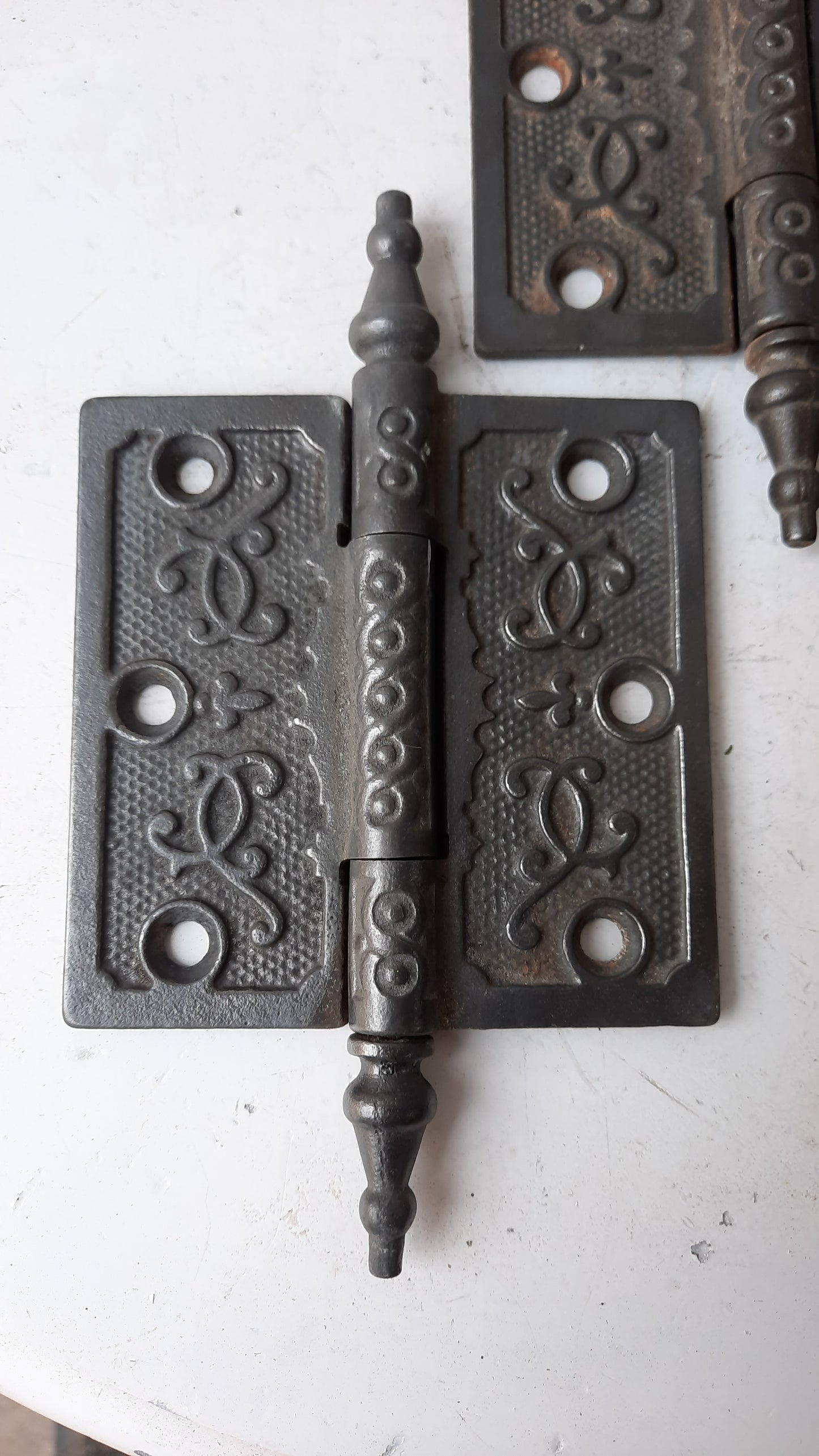 Set of Three 3 1/2" Steeple Tip Antique Hinges, Victorian Iron Ornate Pattern Door Hinges