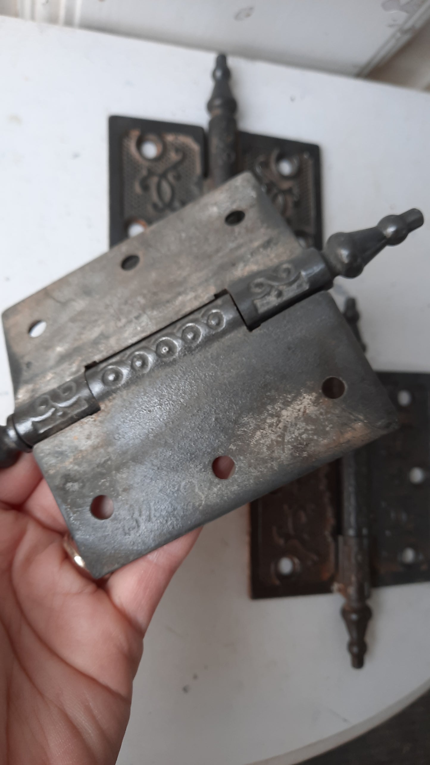 Set of Three 3 1/2" Steeple Tip Antique Hinges, Victorian Iron Ornate Pattern Door Hinges