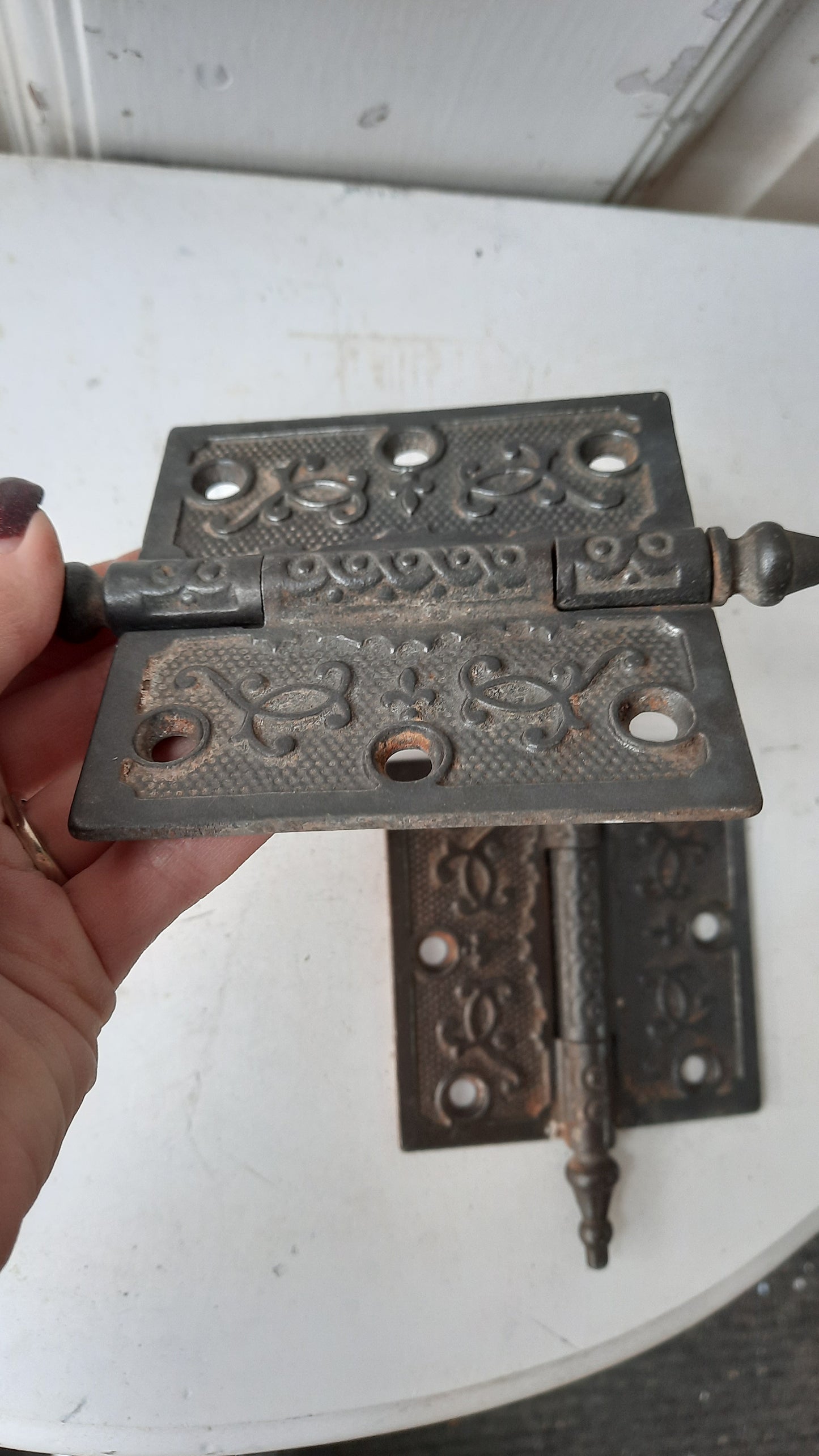 Set of Three 3 1/2" Steeple Tip Antique Hinges, Victorian Iron Ornate Pattern Door Hinges