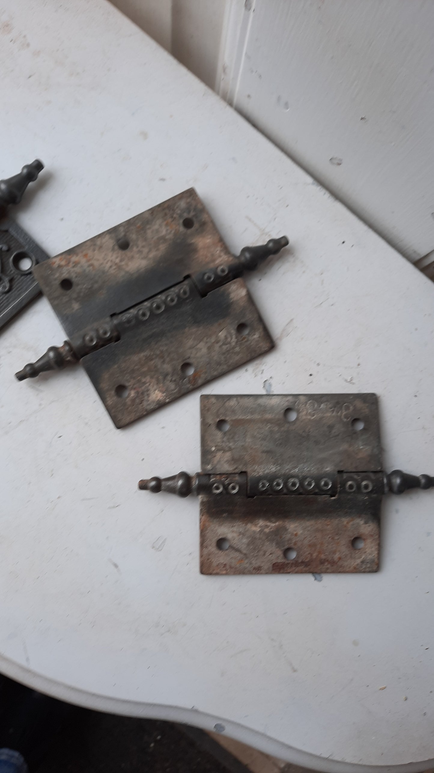 Set of Three 3 1/2" Steeple Tip Antique Hinges, Victorian Iron Ornate Pattern Door Hinges
