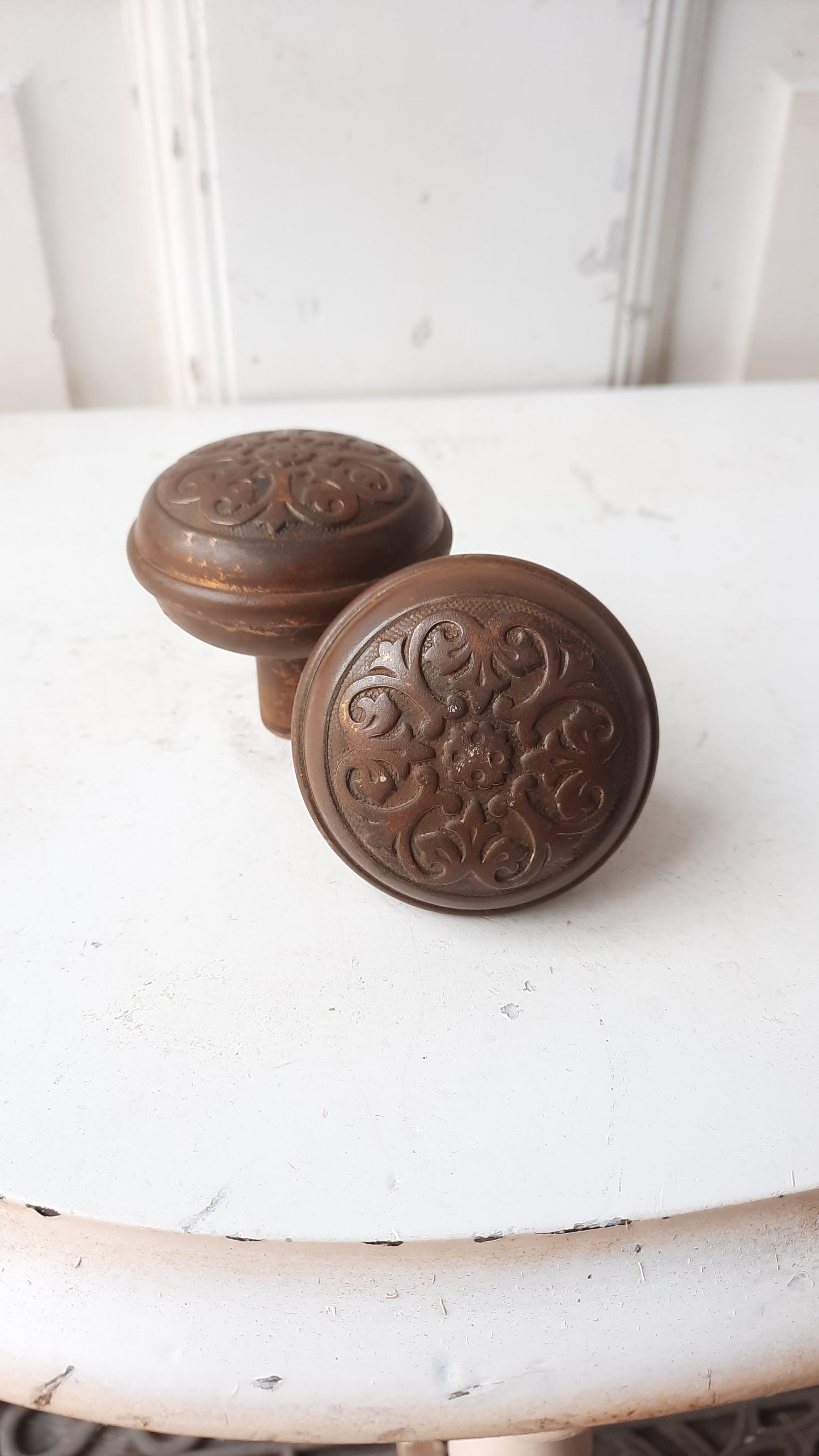Victorian Wrought Steel Doorknobs, Fancy Antique Pair of Door Knobs