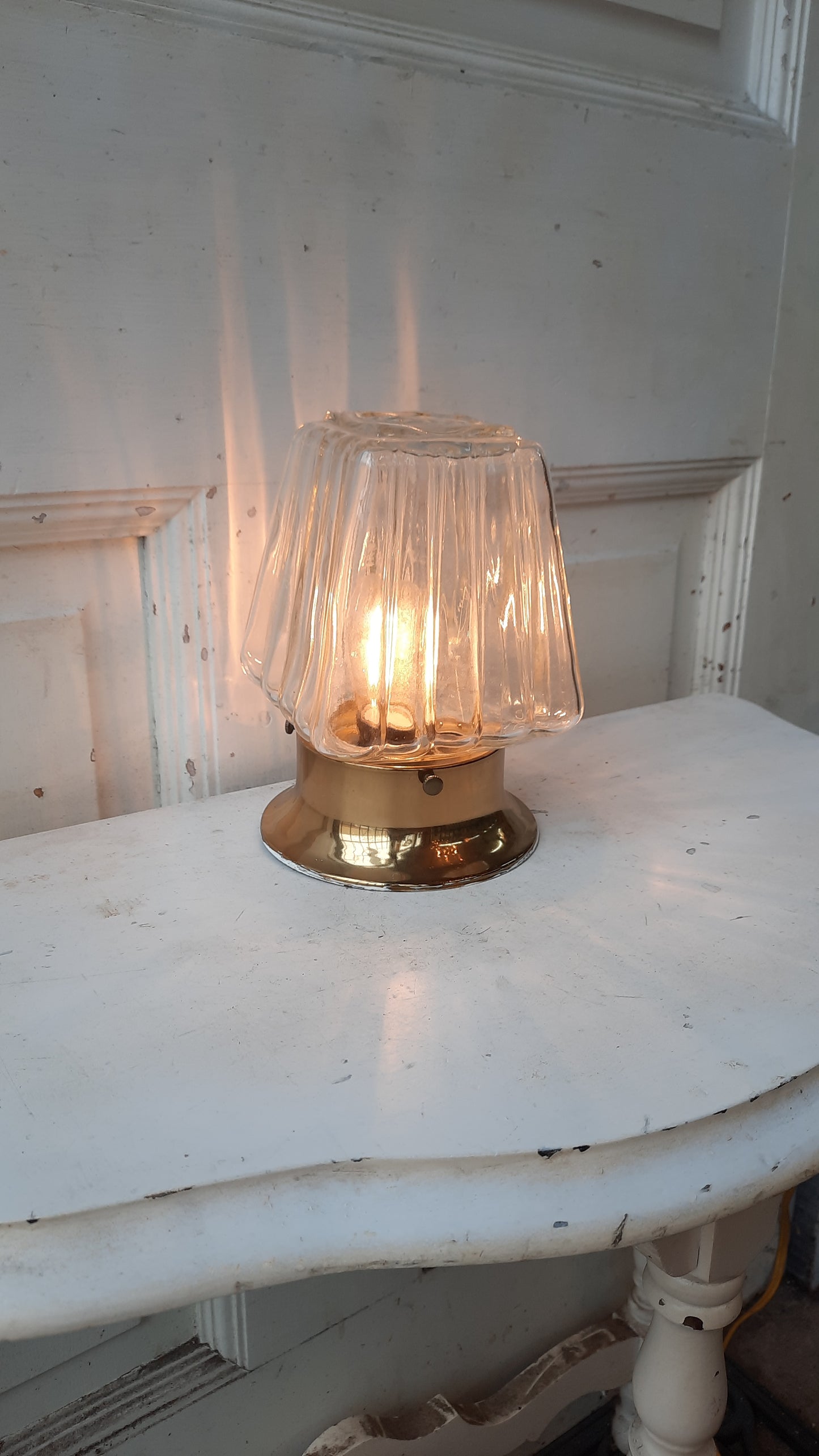 MCM Vintage Porch Light with Ribbed Glass Globe, Vintage Molded Glass and Brass Light
