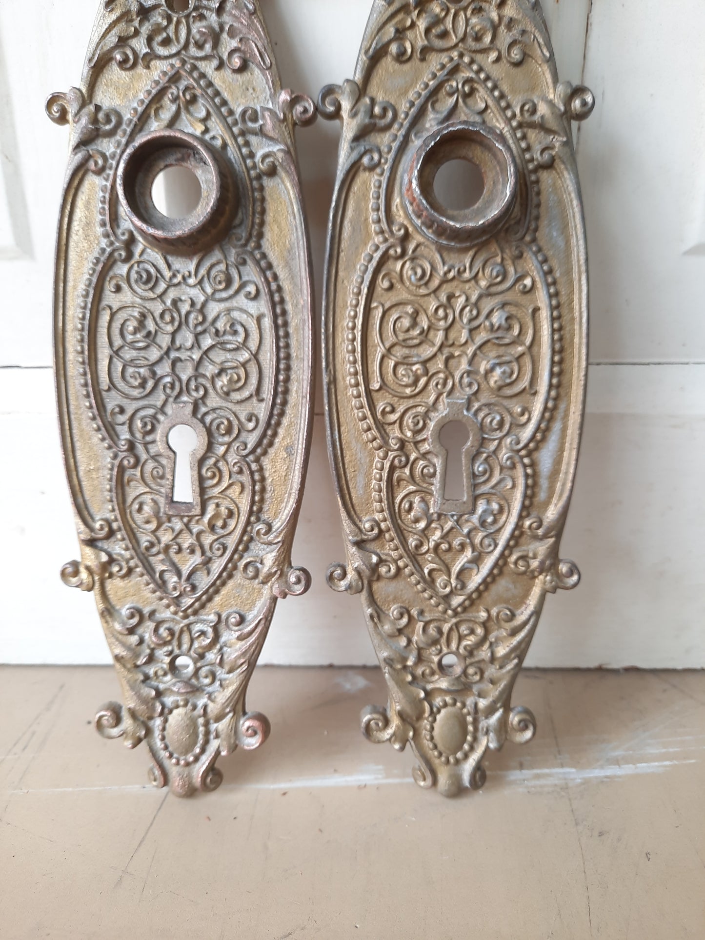 Pair Ornate Iron Backplates with Floral Design, Ornate Antique Doorknob Escutcheons