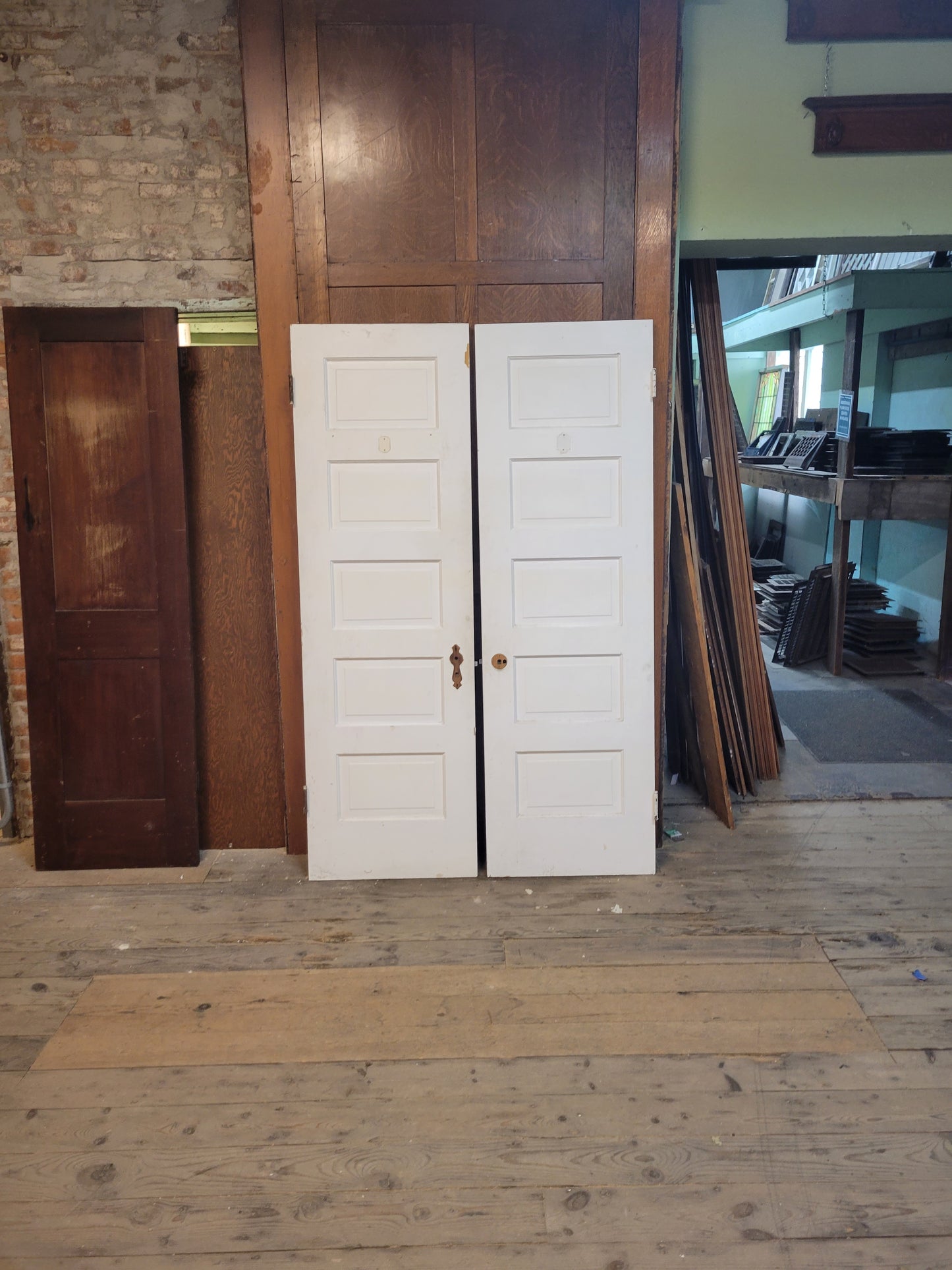 48" Wide Antique White Five Panel Doors, Narrow Set of Solid Wood Double Doors #2