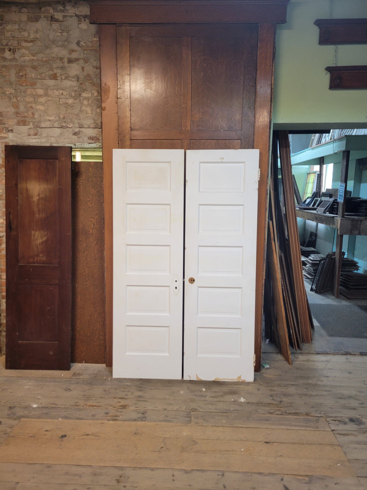 Pair of 24" Wide Antique White Five Panel Doors, Narrow Set of Solid Wood Double Doors #3