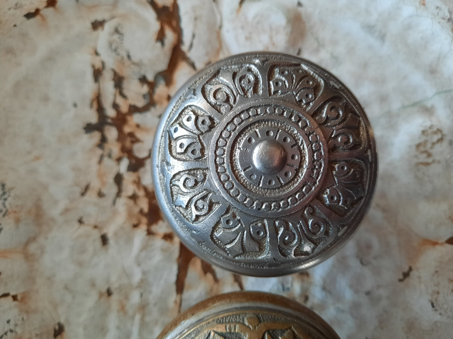 Pair of Antique Nickel Plated 1870s Doorknobs, Silver Metal Door Knobs with Fancy Design