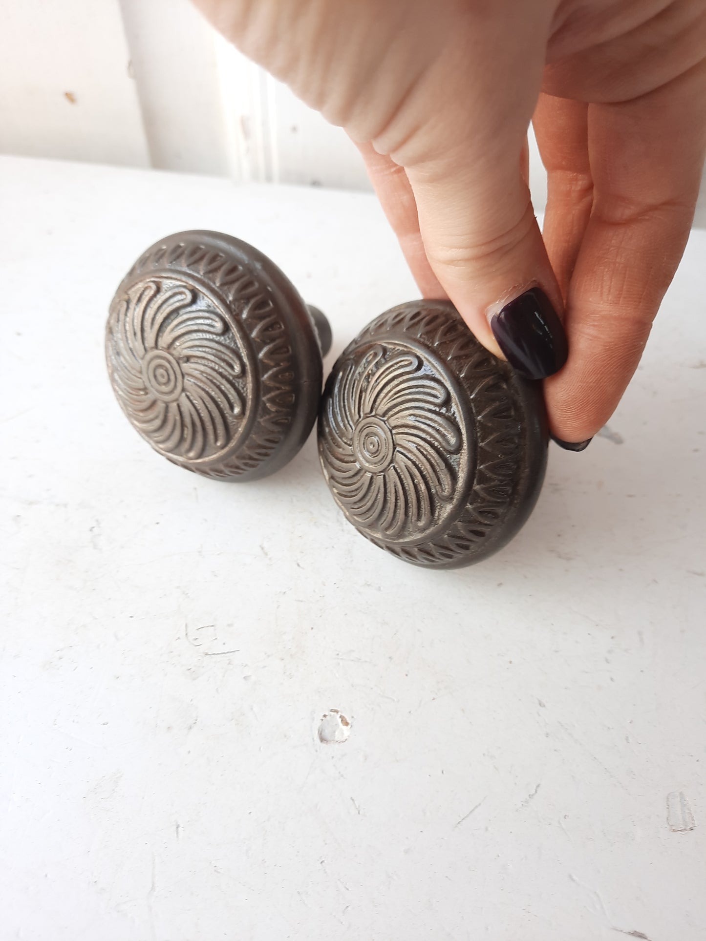 Pair of Cast Iron Lockwood Doorknobs, Antique Spiral Design Door Knob Set