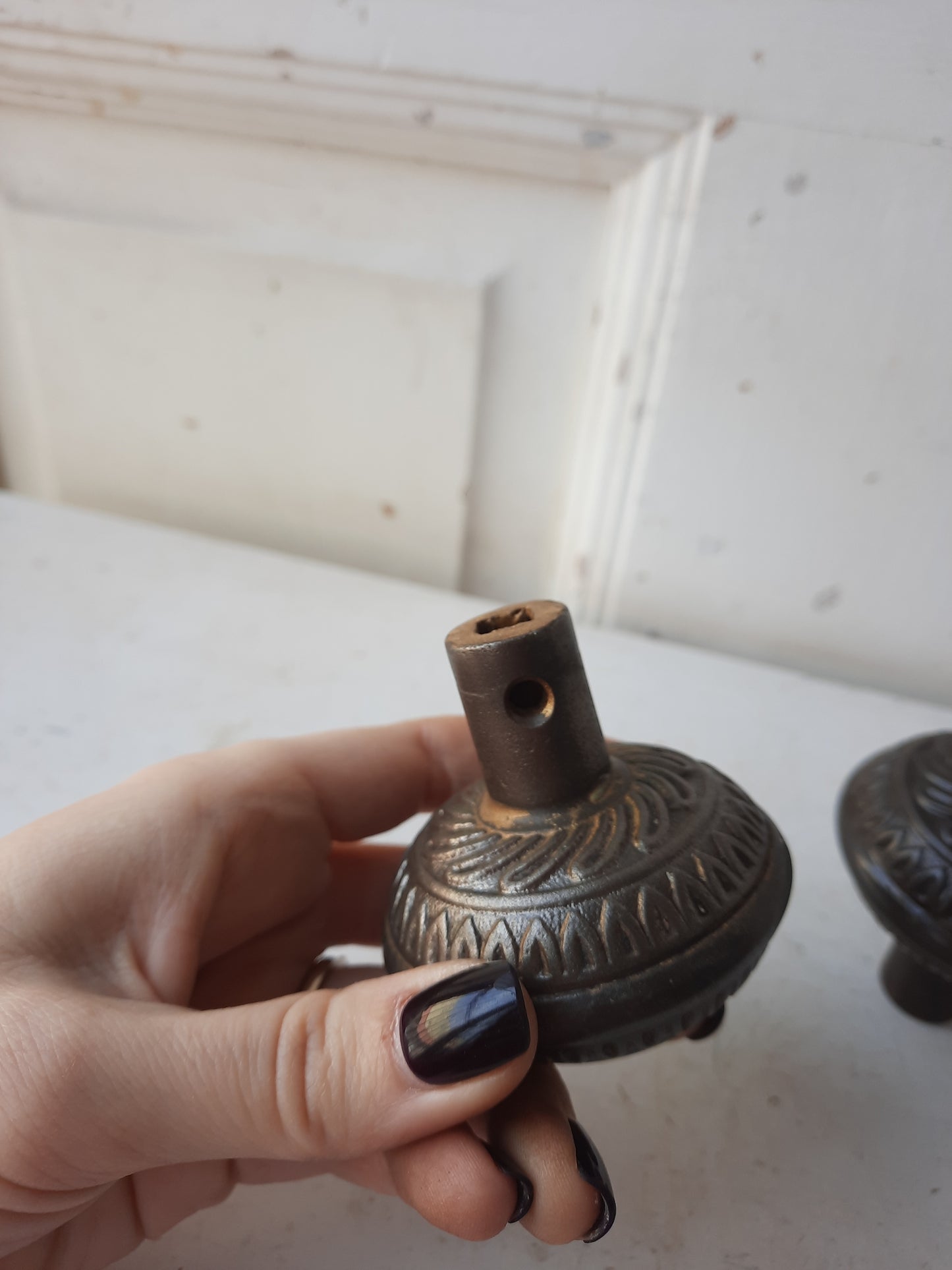 Pair of Cast Iron Lockwood Doorknobs, Antique Spiral Design Door Knob Set
