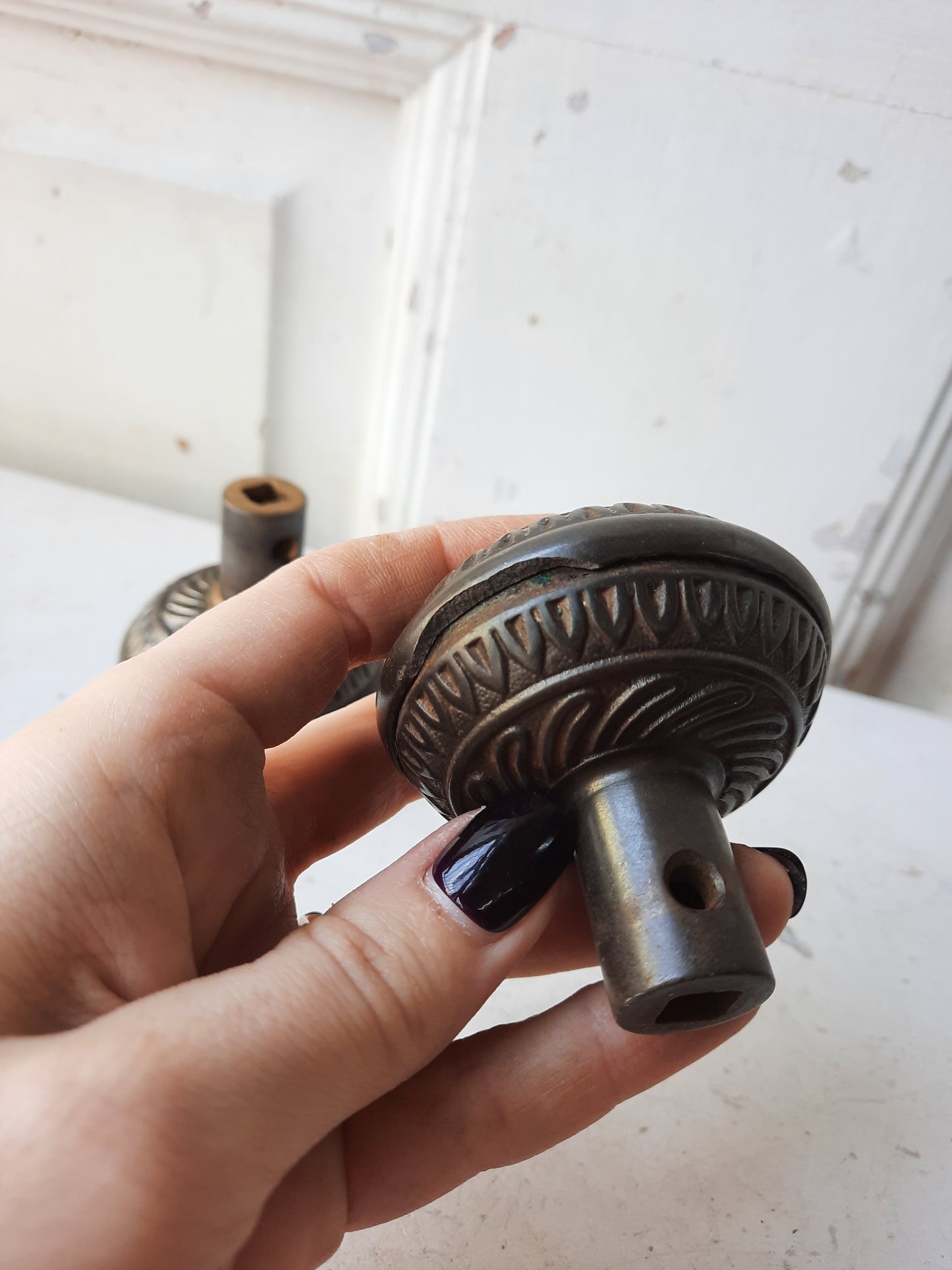 Pair of Cast Iron Lockwood Doorknobs, Antique Spiral Design Door Knob Set