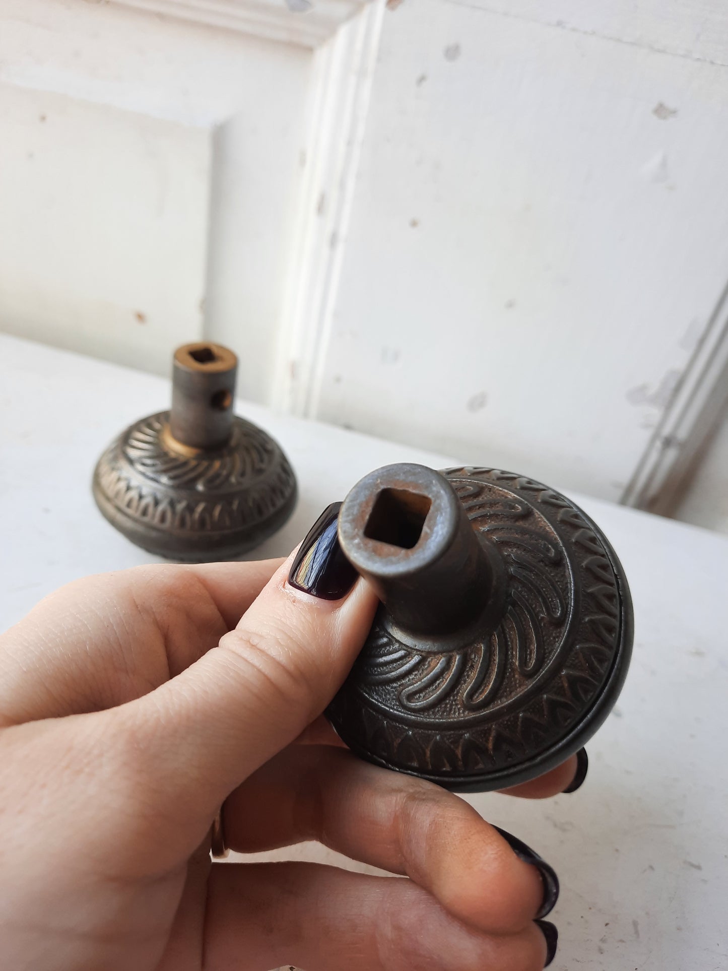 Pair of Cast Iron Lockwood Doorknobs, Antique Spiral Design Door Knob Set
