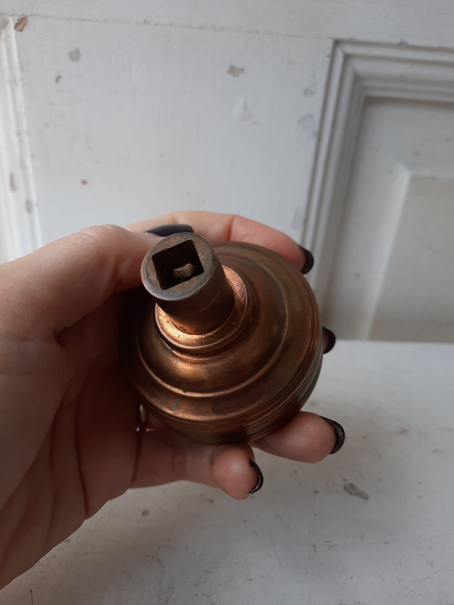 Ornate Floral Design Antique Doorknob with Raised Center, Flower and Leaf Design Bronze Door Knob
