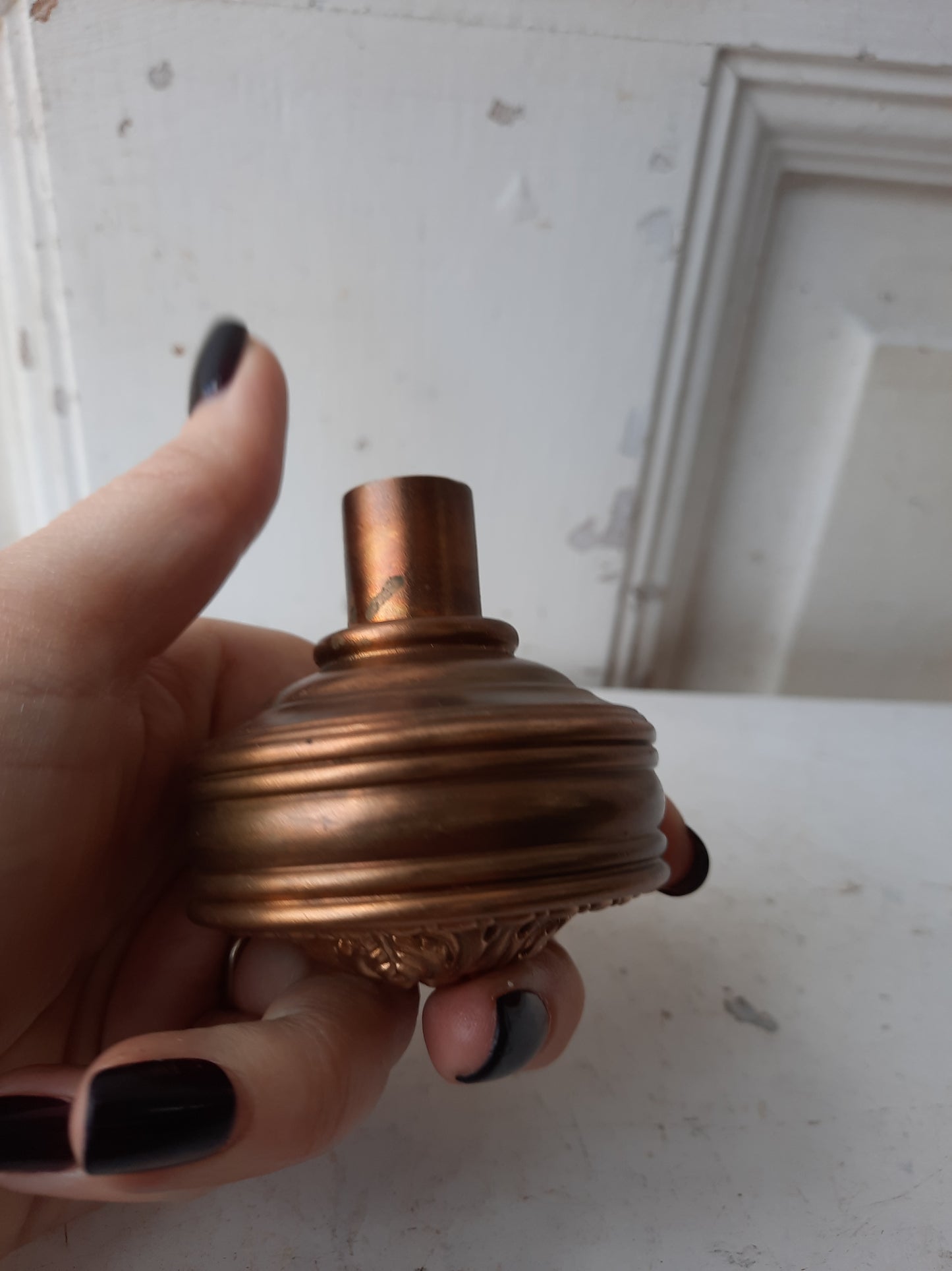 Ornate Floral Design Antique Doorknob with Raised Center, Flower and Leaf Design Bronze Door Knob