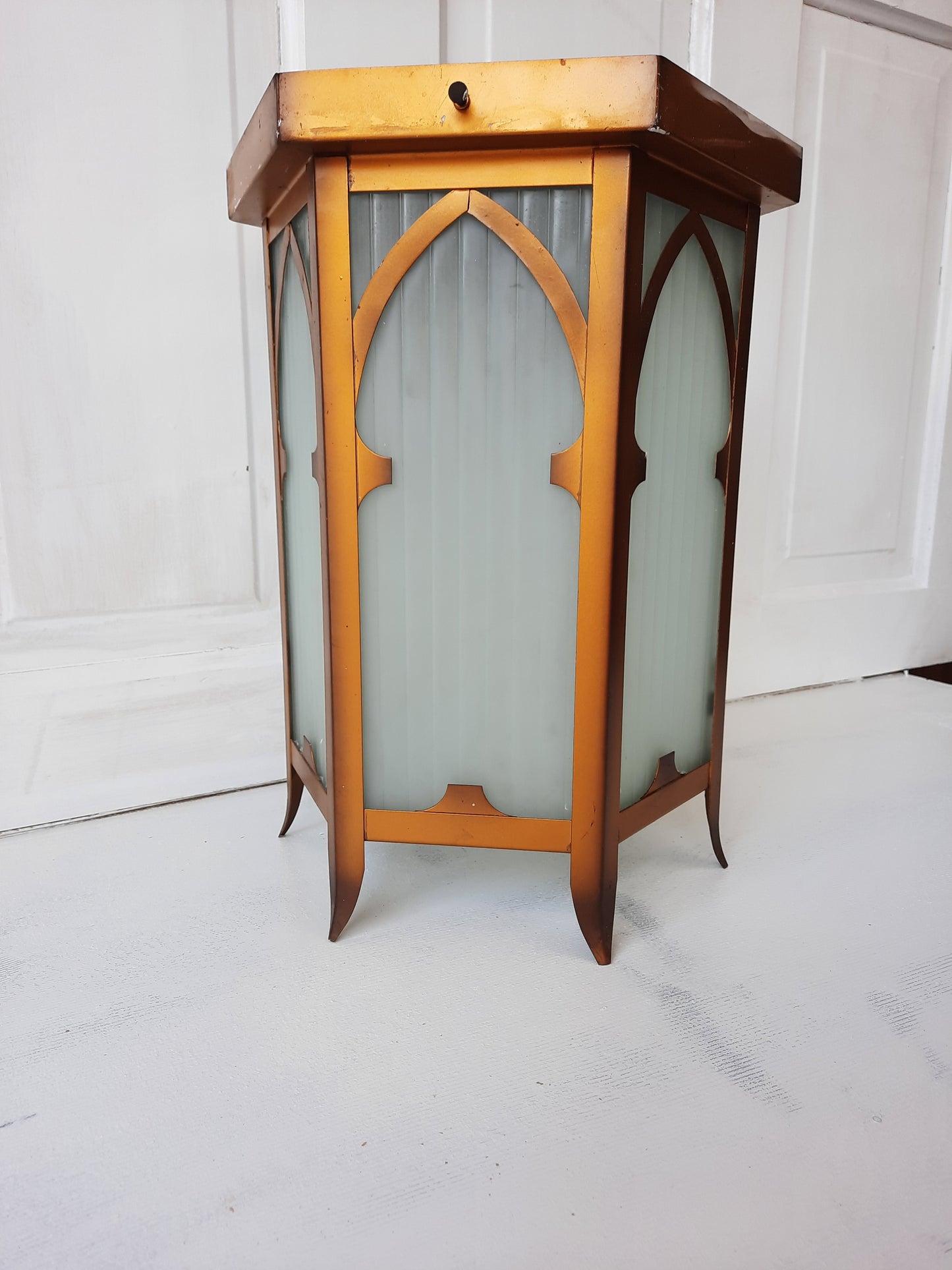 Vintage Gold and Glass Hexagonal Church Light, Flush Mount Lantern Style Ceiling Light