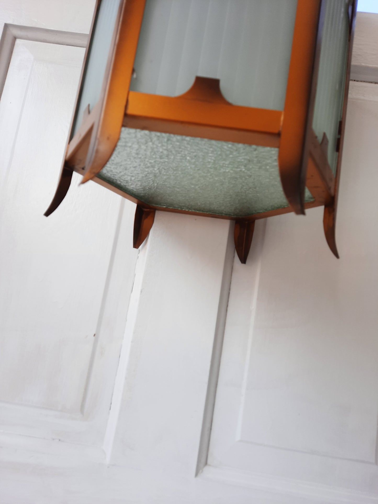 Vintage Gold and Glass Hexagonal Church Light, Flush Mount Lantern Style Ceiling Light