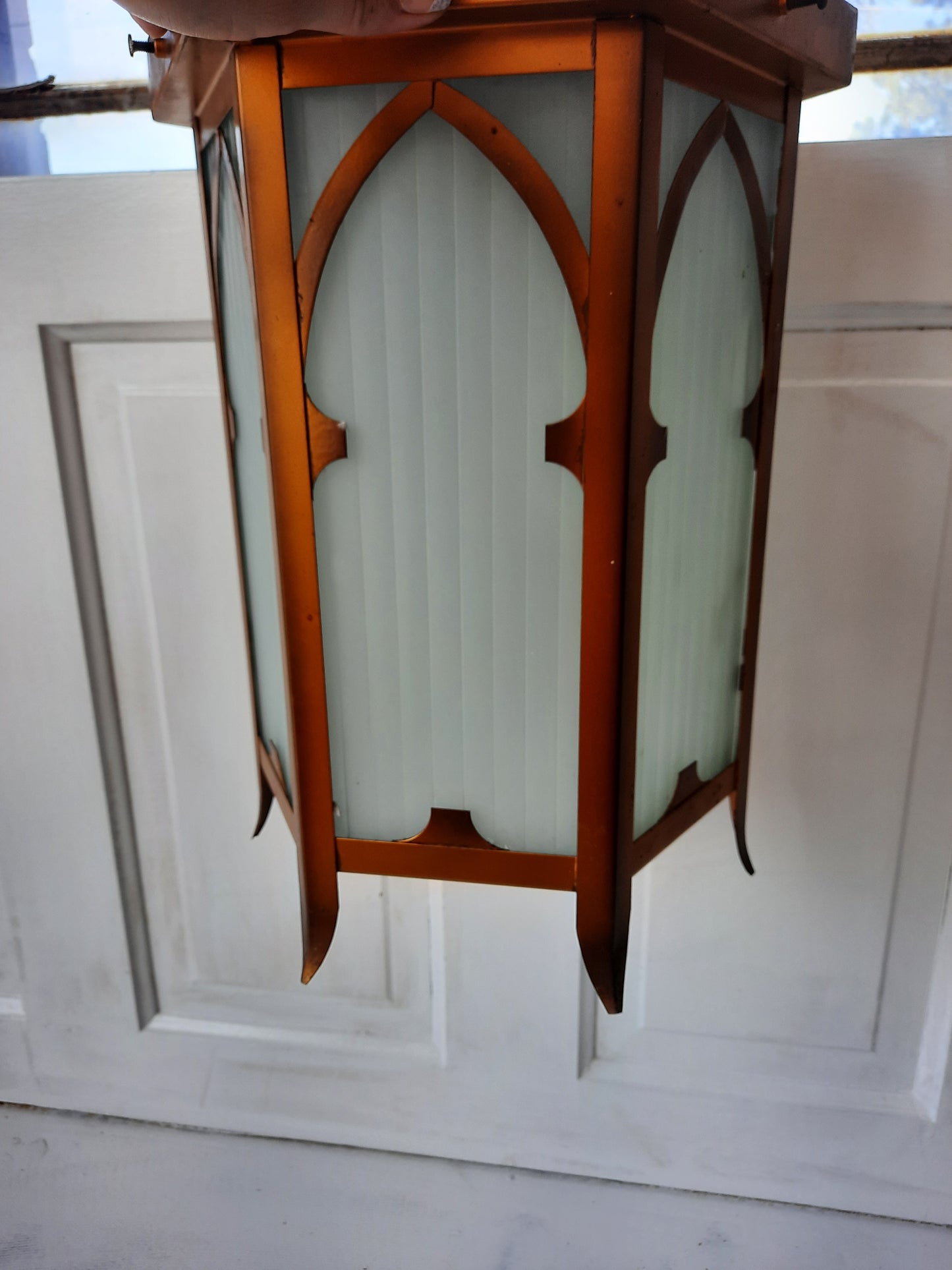 Vintage Gold and Glass Hexagonal Church Light, Flush Mount Lantern Style Ceiling Light