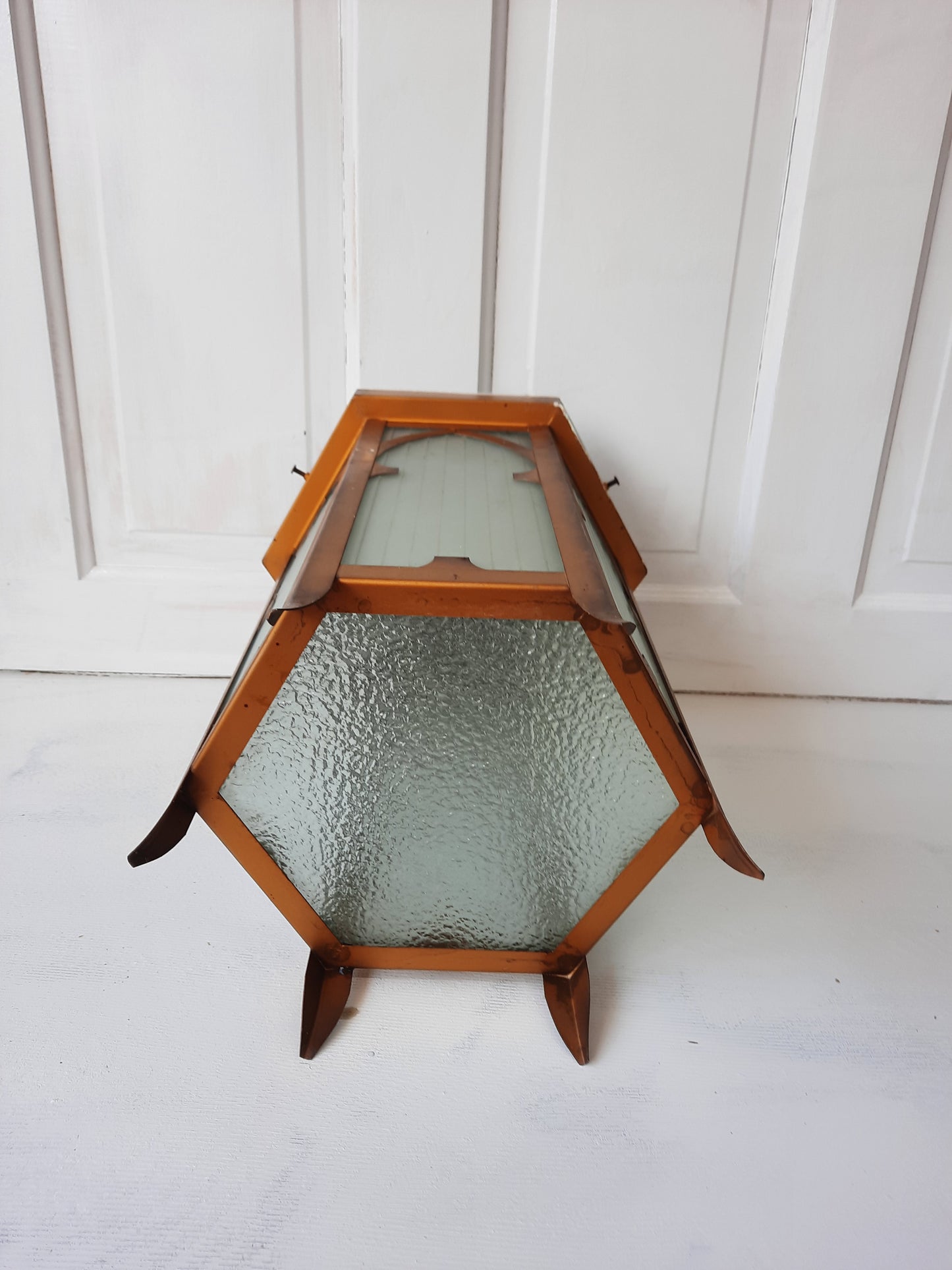 Vintage Gold and Glass Hexagonal Church Light, Flush Mount Lantern Style Ceiling Light