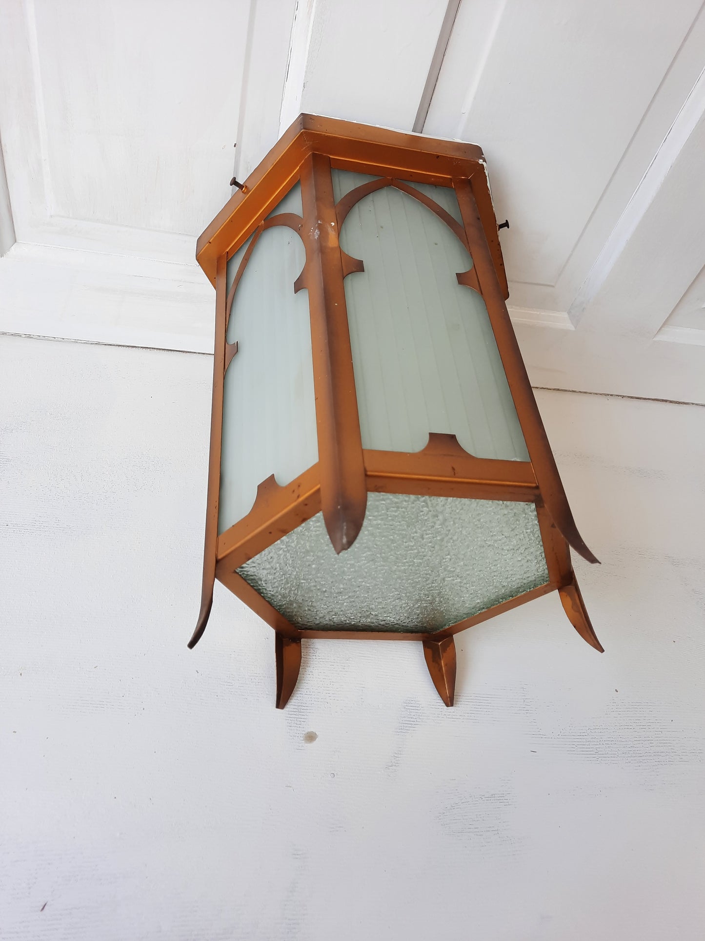 Vintage Gold and Glass Hexagonal Church Light, Flush Mount Lantern Style Ceiling Light