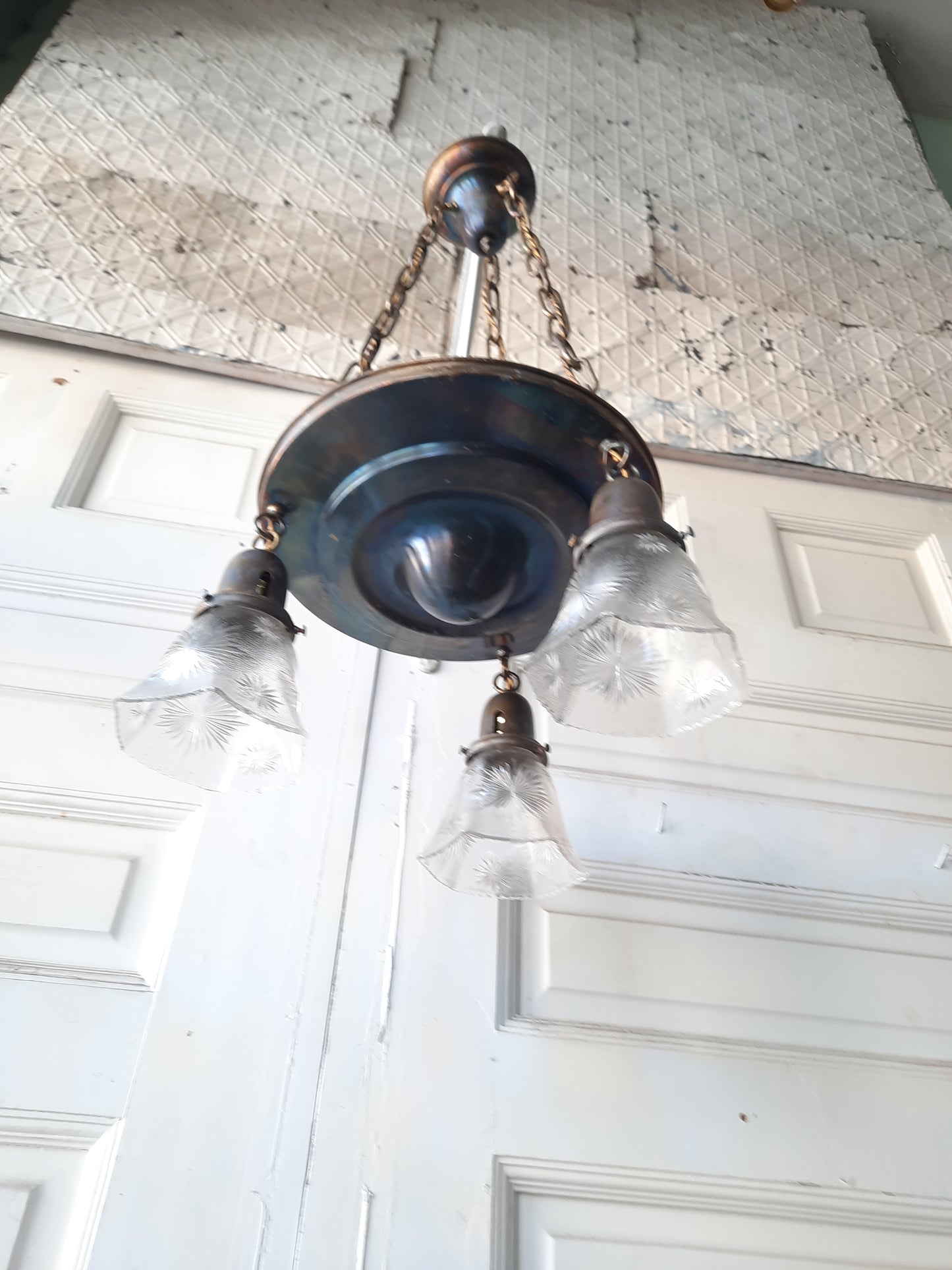 Brass Pan Light with Cut Glass Shades, 1900s Vintage Three Chain Chandelier with Glass Shades