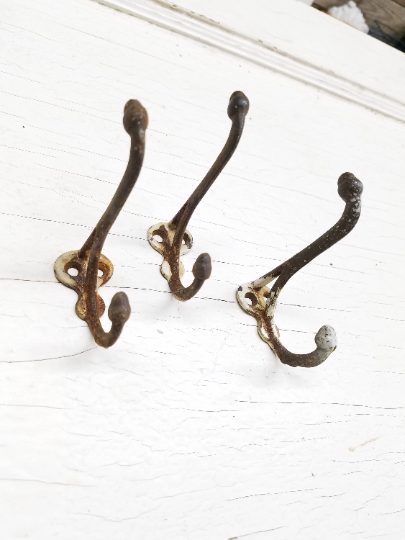 Set of 3 Antique Acorn Hooks, Vintage Cast Iron Wall Hooks, Ships