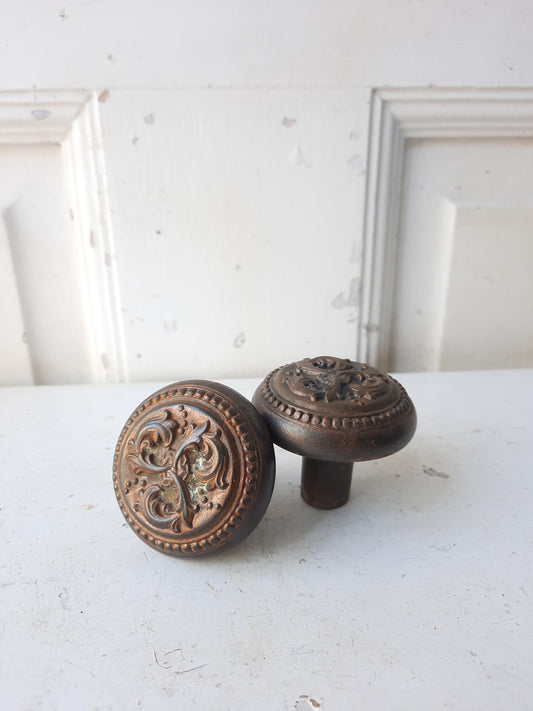 Pair of Cast Iron Harrington Doorknobs, Antique Leaf Design Door Knob Set