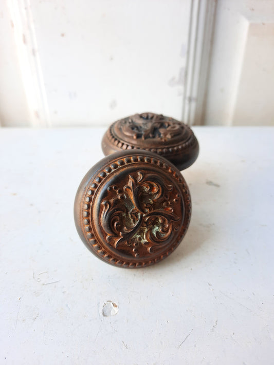 Pair of Cast Iron Harrington Doorknobs, Antique Leaf Design Door Knob Set