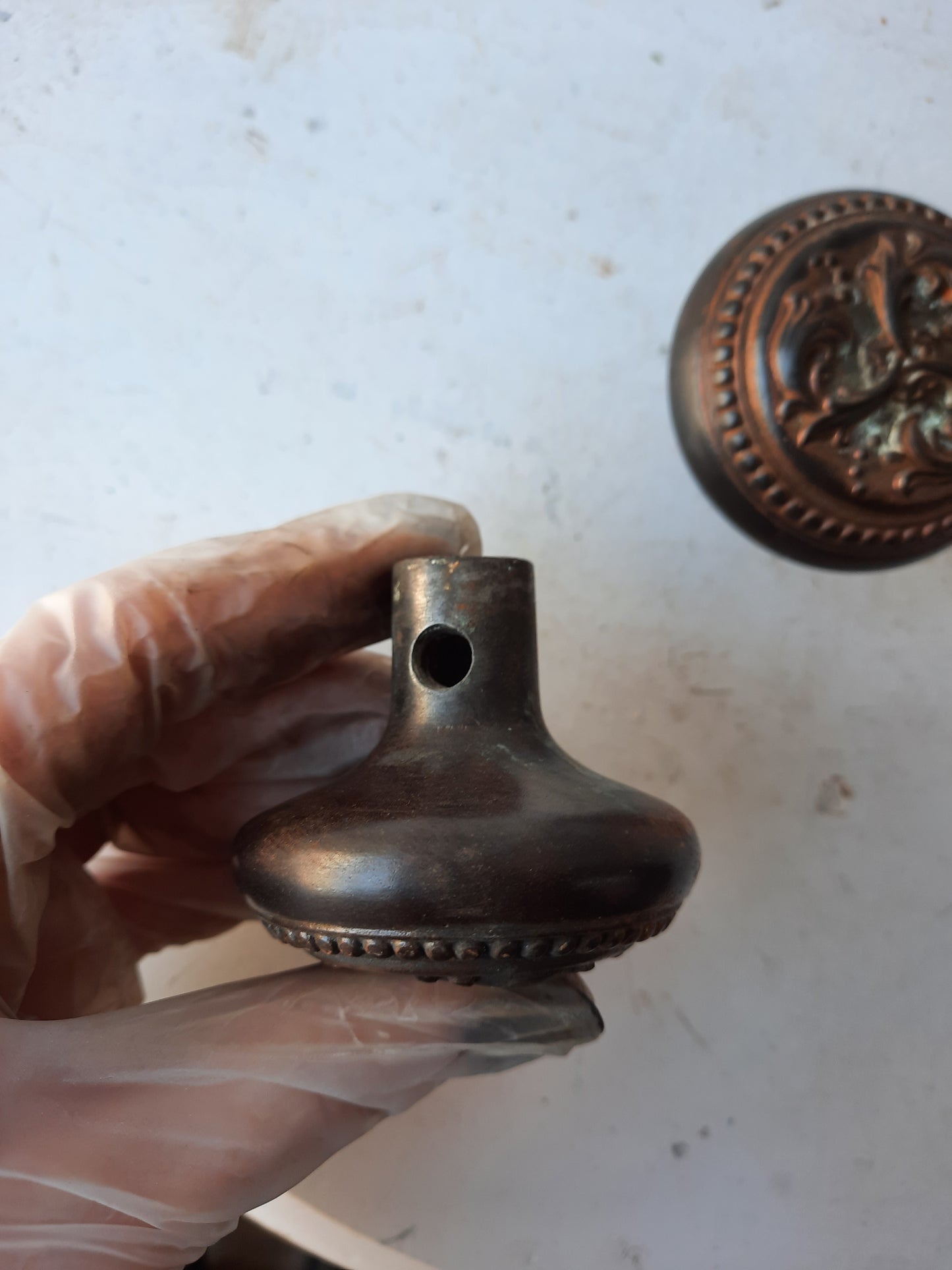 Pair of Cast Iron Harrington Doorknobs, Antique Leaf Design Door Knob Set