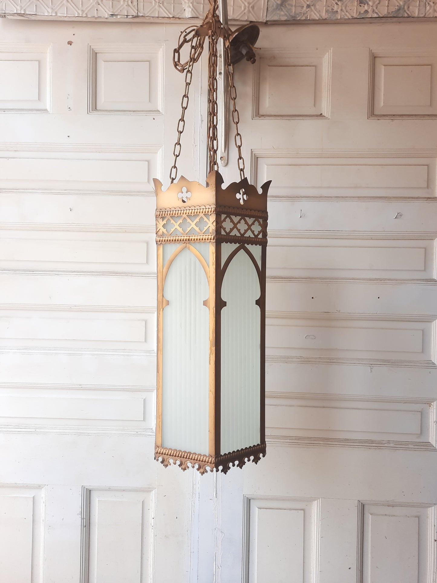Very Large Vintage Church Pendant Lights with Gothic Style Metal Frame and Ribbed Frosted Glass, Large Gold Vintage Pendant Light
