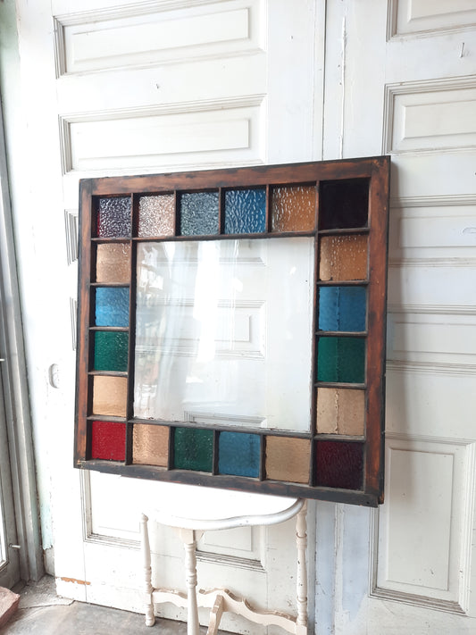 Queen Anne Style Colored Glass Window, Antique Stained Glass Red, Peach, and Blue Window